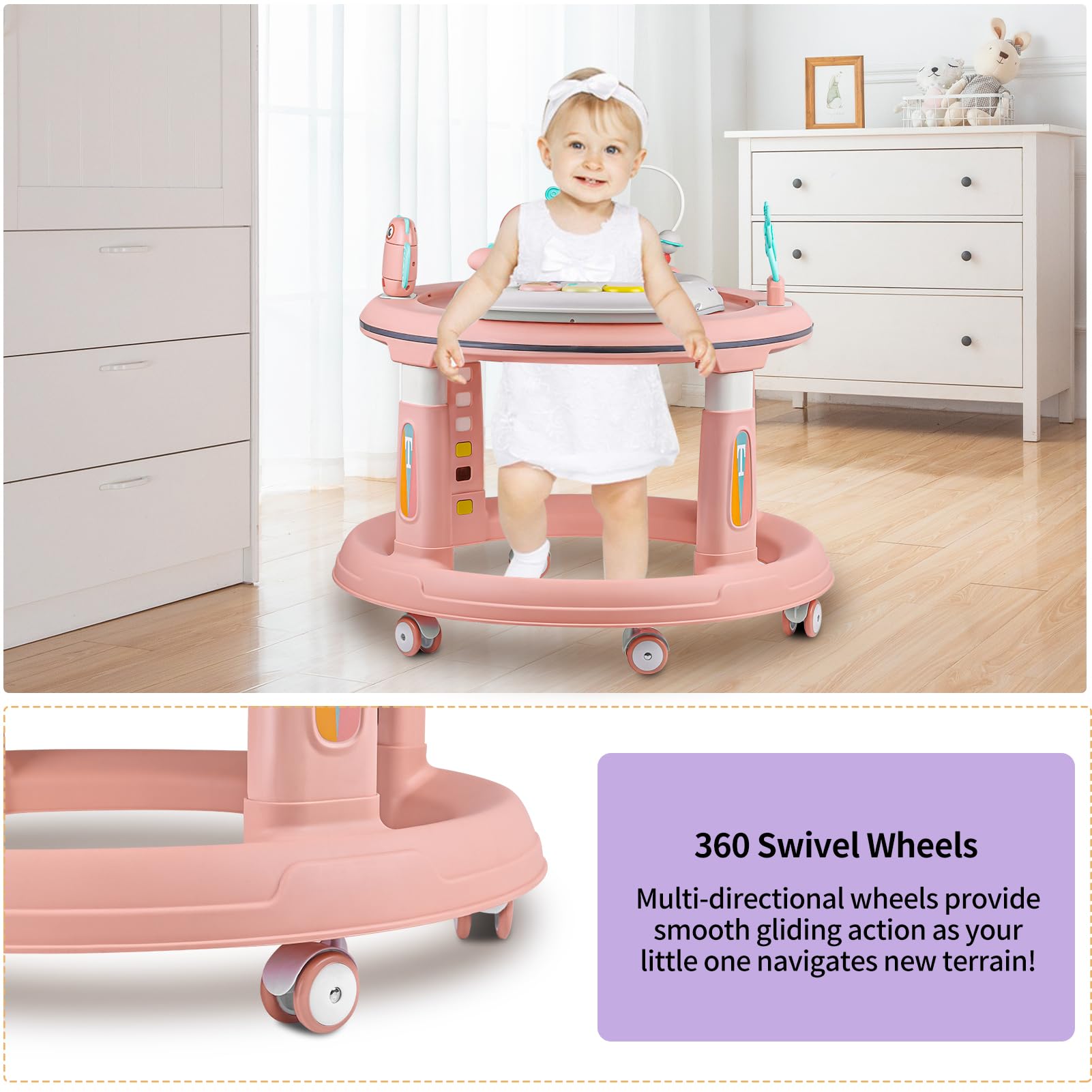 360° Swivel Baby Walker with Music & Lights - Adjustable Height Activity Center for Infants 6-12 Months | Detachable Toys, Bounce Foot Pad | Perfect for Learning to Walk & Indoor Playtime