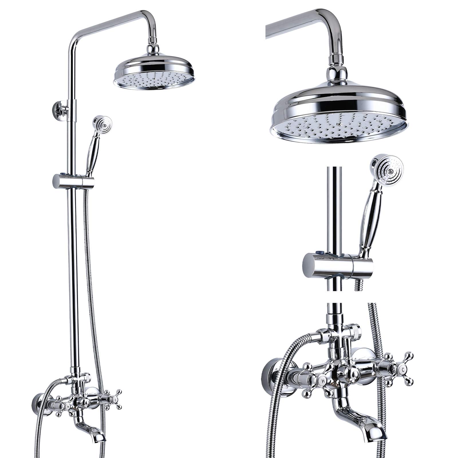 Gotonovo 8 Inch Round Rain Shower Head with Double Cross Handle & Tub Spout - 3 Function Wall Mount Bathroom Faucet Set (Polished Chrome) for Luxurious Spa-Like Experience at Home