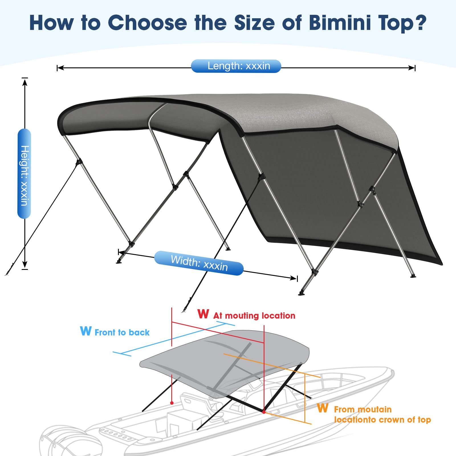 3 Bow Bimini Top for Boats - UV Resistant Waterproof Boat Canopy Cover - Perfect for Pontoon, Fishing & Ski Boats (Sun Protection & Shade Solution)
