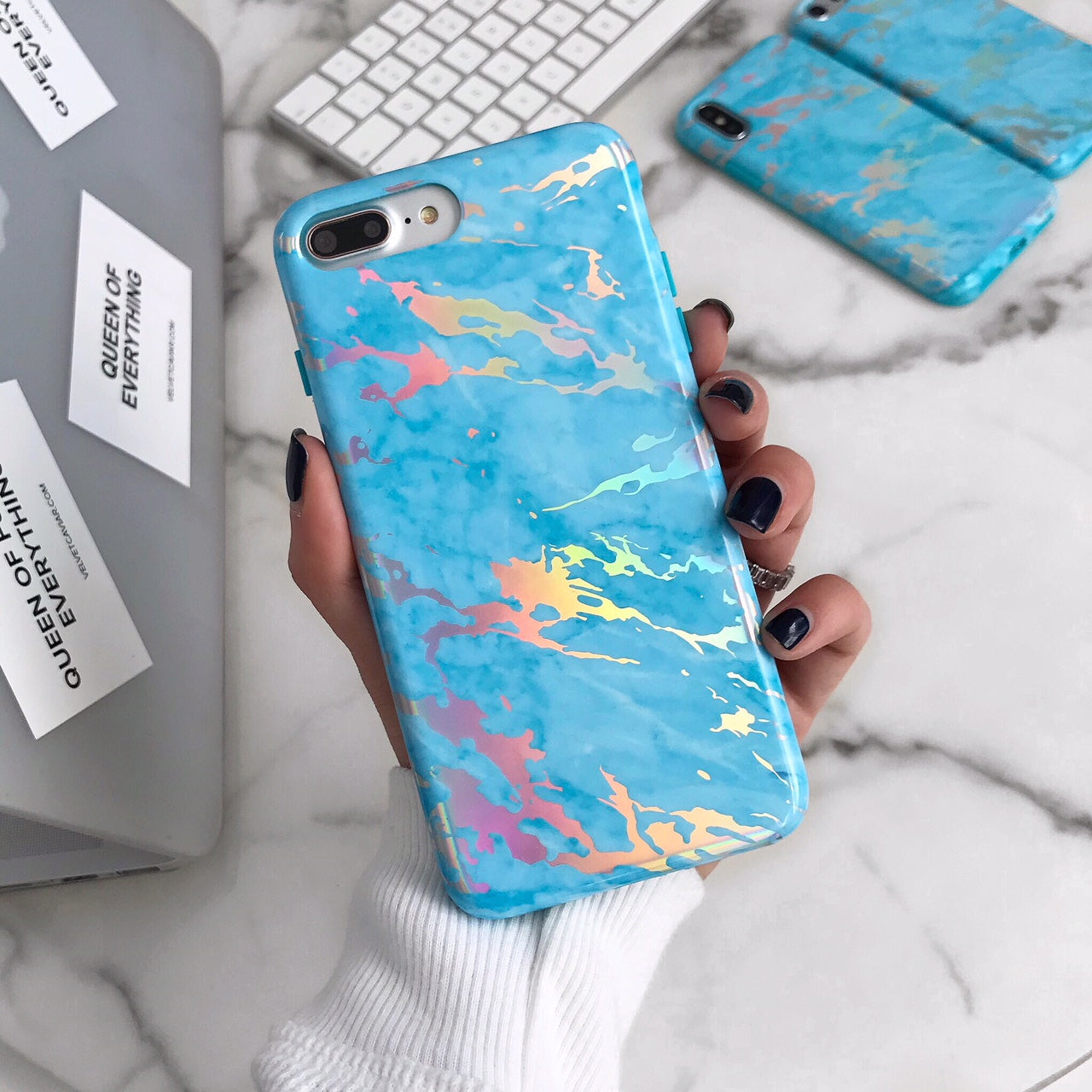 Blue Marble Holo Chrome iPhone Case - Shatterproof Protective Cover with Glitter Reflective Design for iPhone 13/14/15 - Perfect for Everyday Use, Parties & Gifting