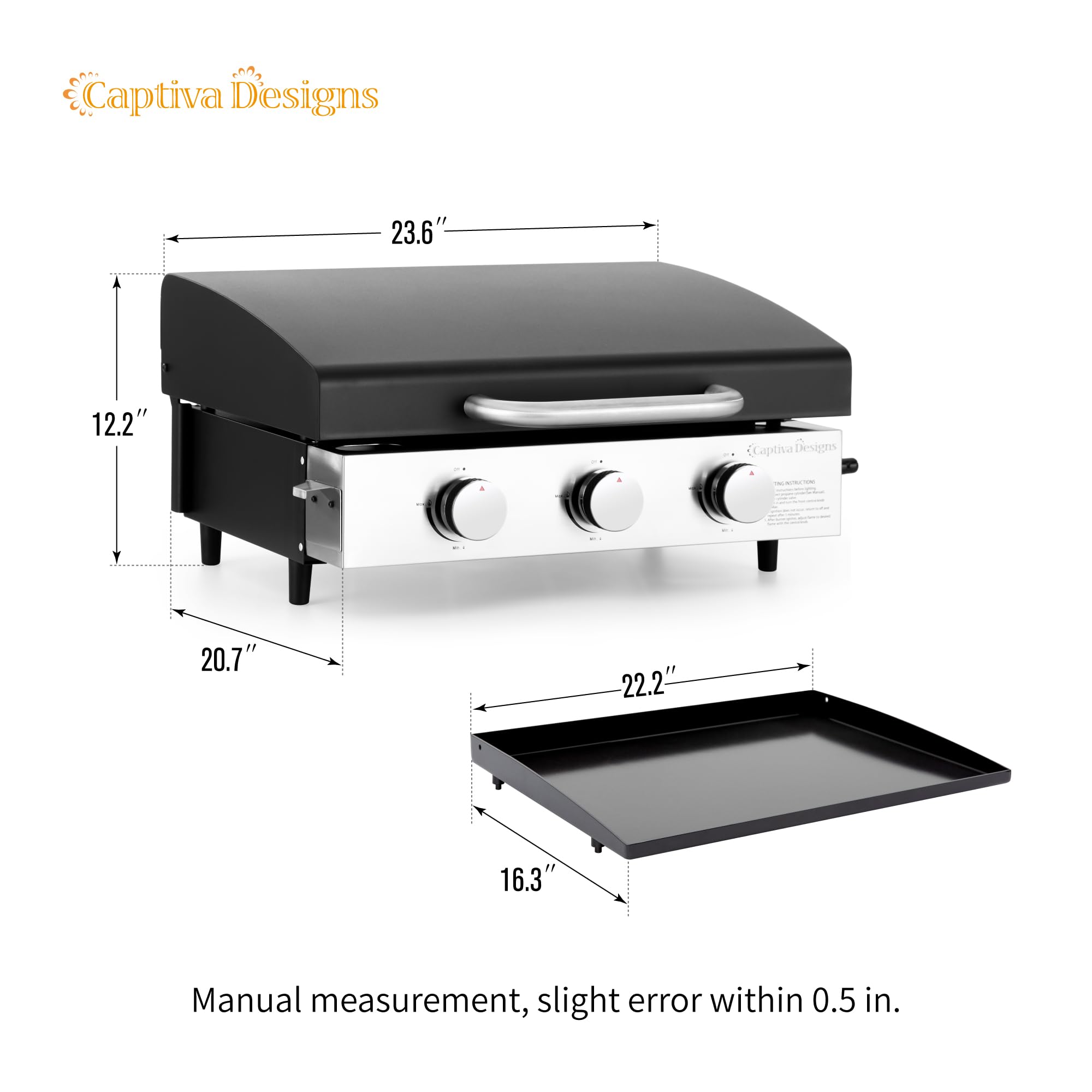 Captiva Designs 22 Inch Flat Top Grill with Ceramic Coated Cast Iron Pan - Portable Tabletop Propane Gas Griddle for Camping, Tailgating, Backyard BBQ & Outdoor Cooking - 24,000 BTU 3-Burner Gas Grill for Patio, Picnics & RV Trips