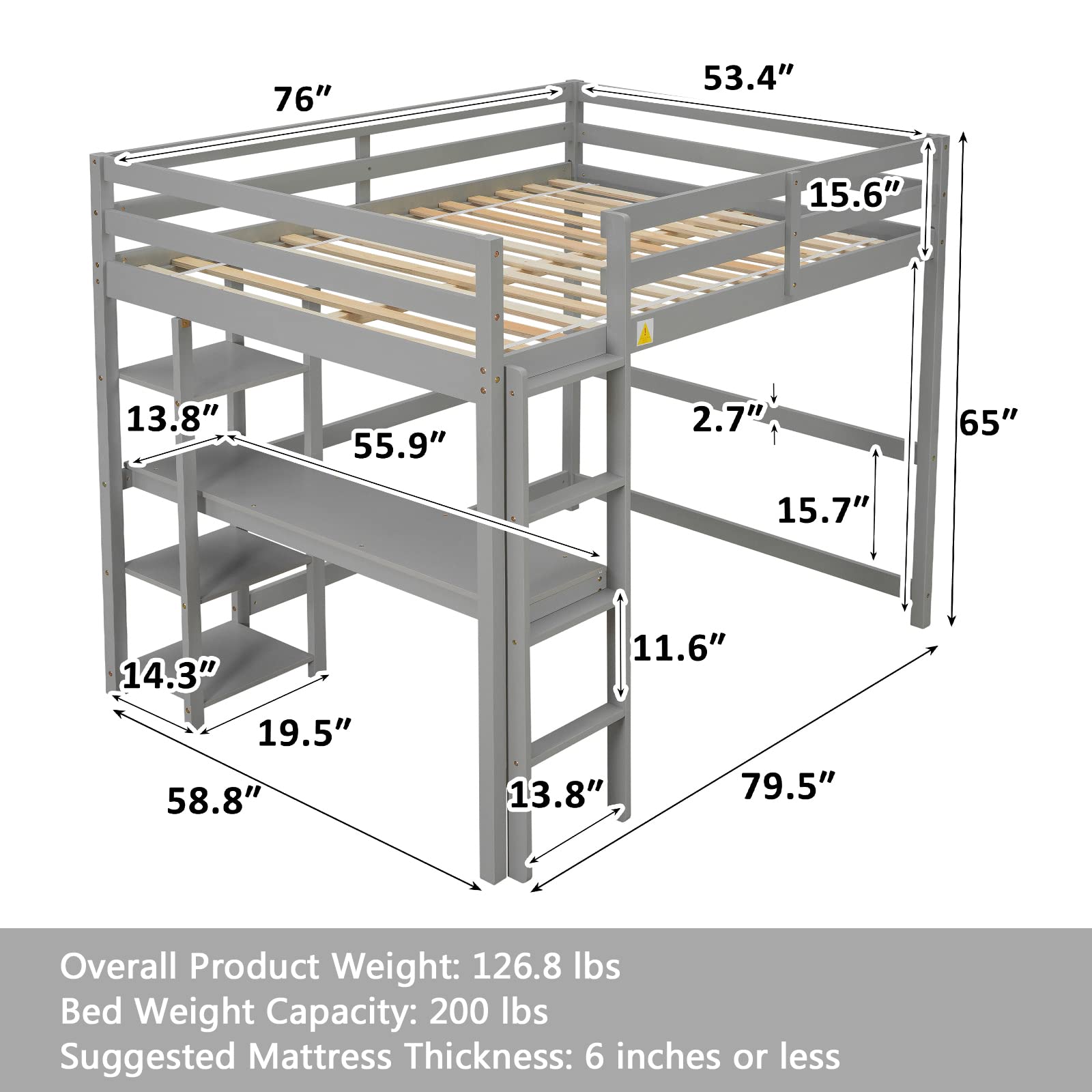 Aoowow Full Size Wood Loft Bed with Study Desk & Storage Shelves - Sturdy High Loft Bed Frame with Guardrail & Ladder for Kids & Teens - No Box Spring Needed (Gray) - Perfect for Small Bedrooms, Dorm Rooms & Space-Saving Kids' Rooms
