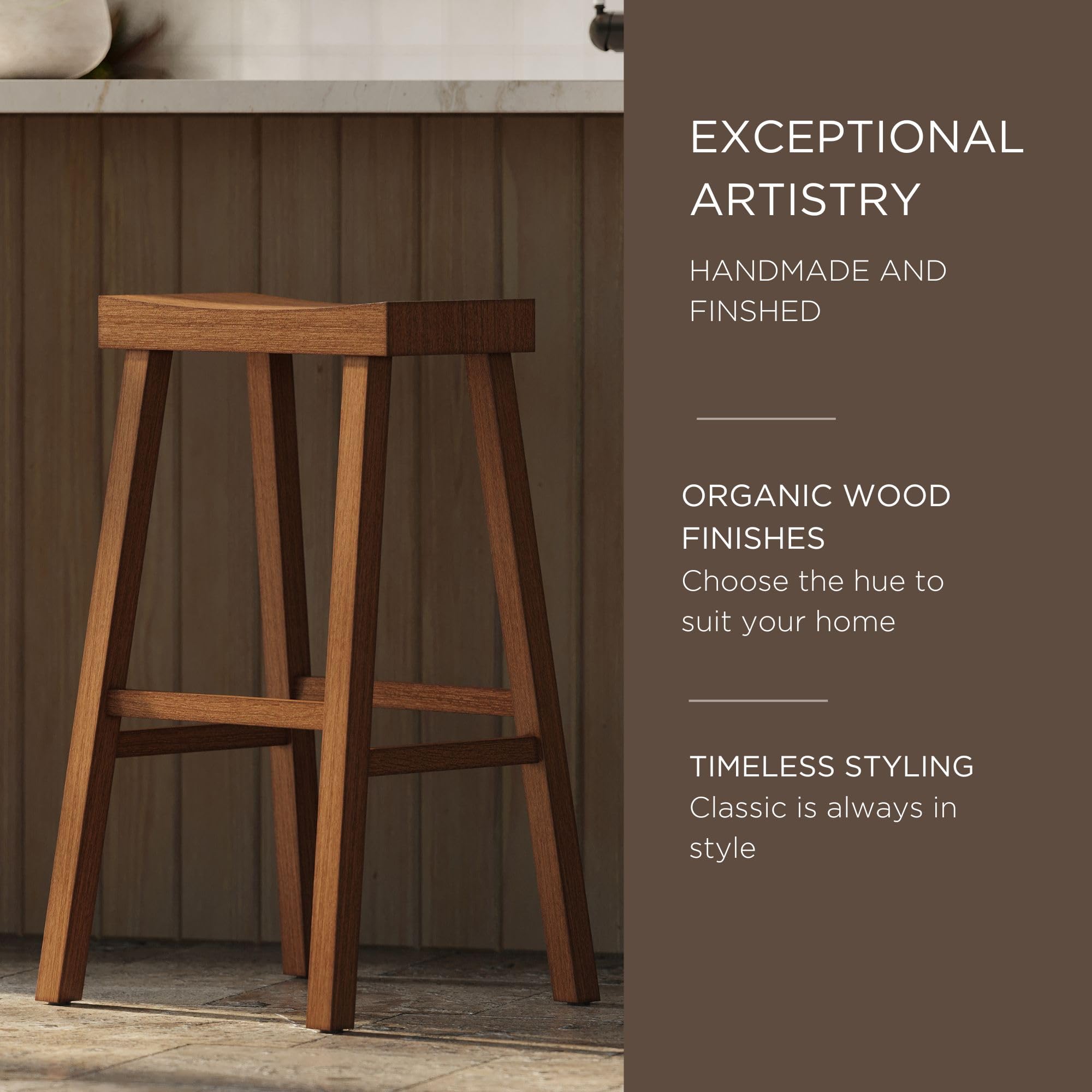 Modern Farmhouse Wood Bar Stool - 31 Inch Backless Kitchen Island & Pub Height Stool with Wide Comfortable Seat - Vincent Antiqued Natural Finish - Perfect for Kitchen, Dining Room & Home Bar Decor