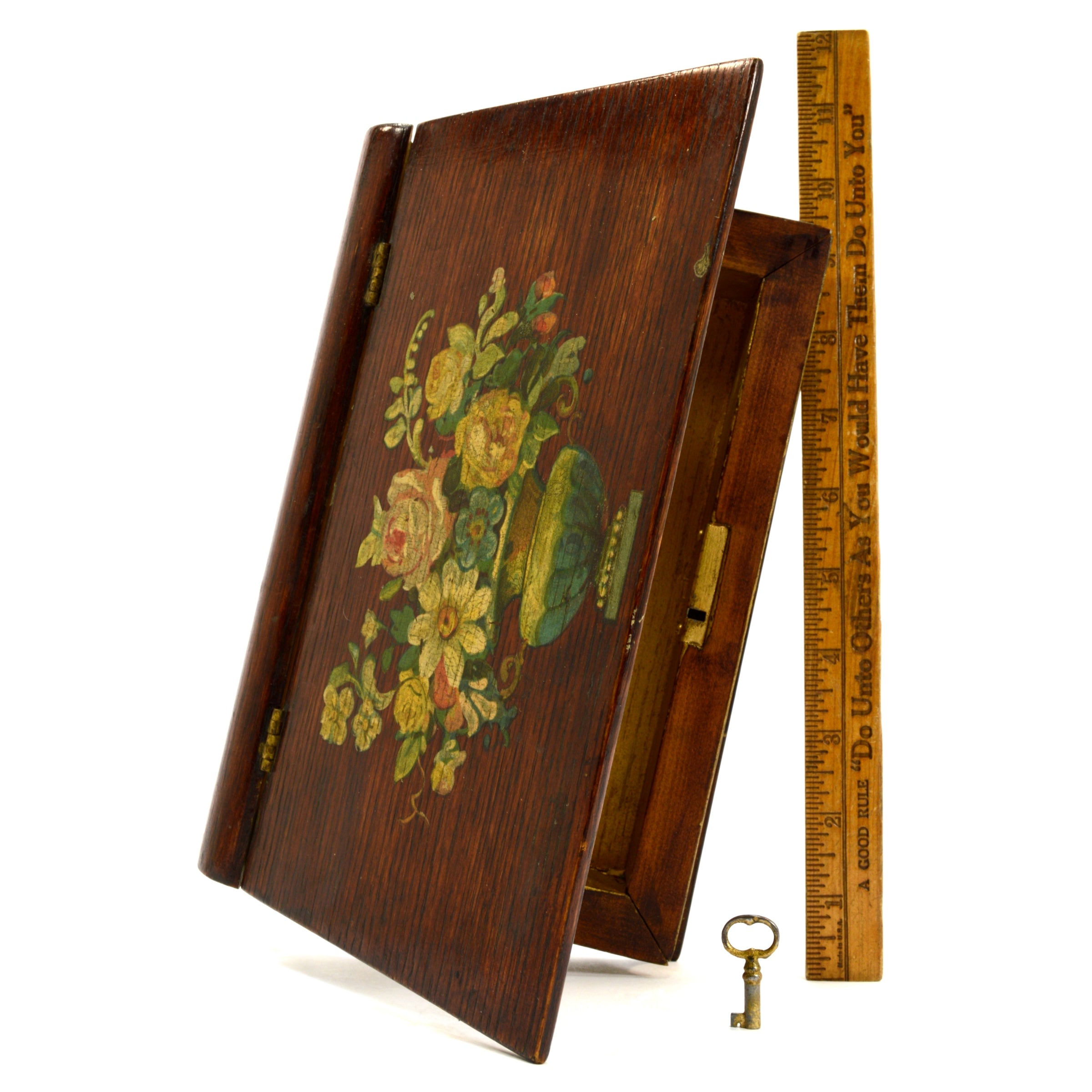 Antique Folk Art Wooden Book Box with Lock & Key - Handmade Floral Motif Trinket Chest for Jewelry Storage, Home Decor, and Vintage Collectibles