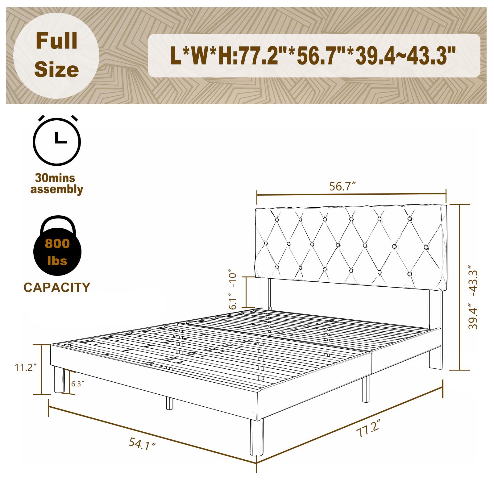 Luxury Velvet Upholstered Full Size Bed Frame with Headboard - Easy Assembly Wooden Slat Platform, No Box Spring Needed, Noise-Free & Non-Slip Design (Beige) for Master Bedroom, Guest Room or Dorm