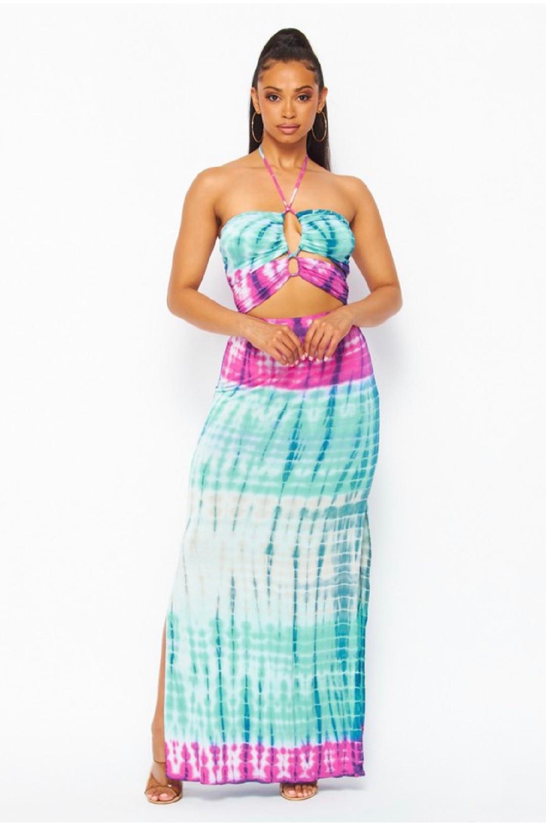 Taylor Tie Dye Cut Out Maxi Dress for Women - Bohemian Summer Beach Dress with Side Slits, Flowy Long Dress for Vacations, Music Festivals & Date Nights