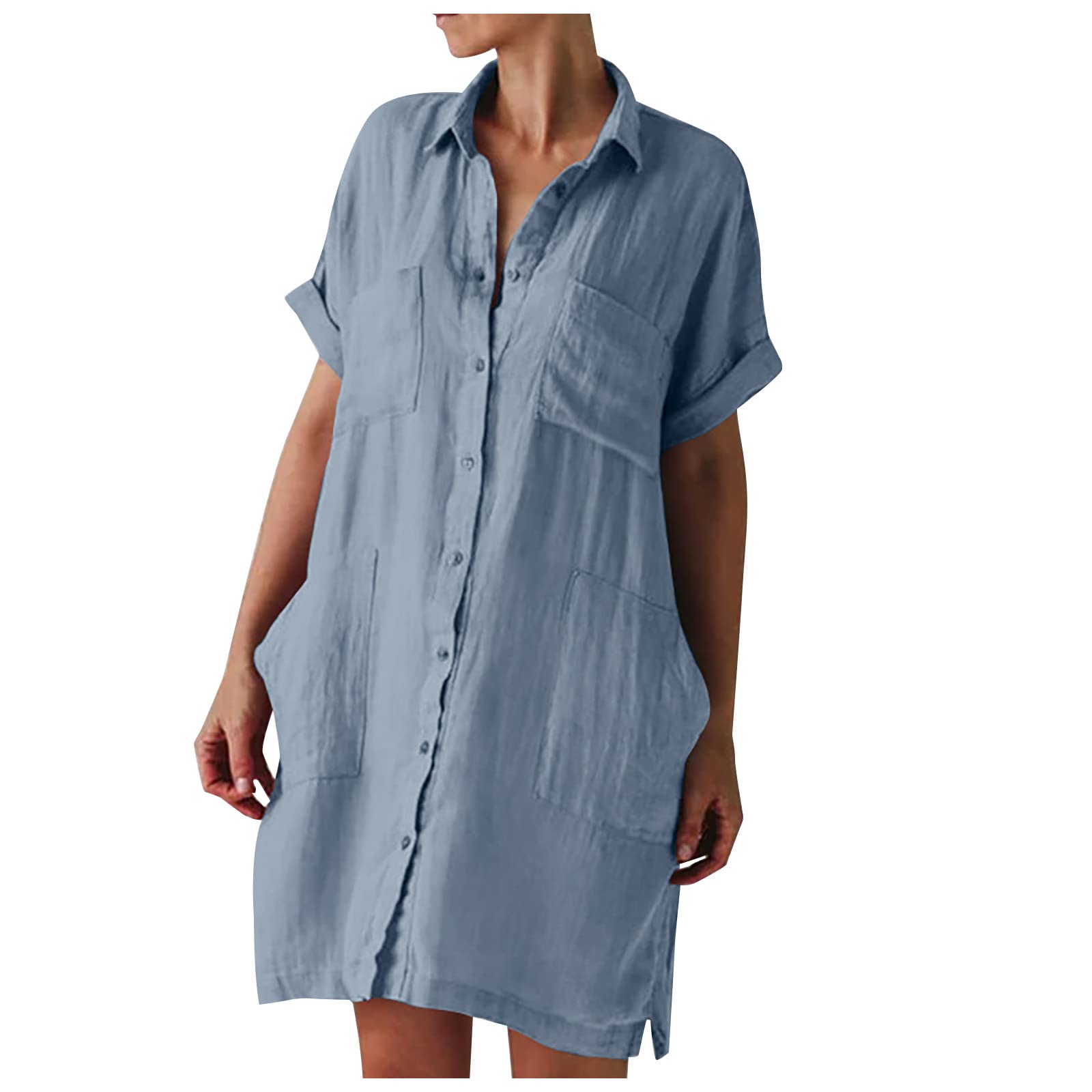 HAOREEKZ Women's Linen Dress - Solid Lapel Single-Breasted Straight Cut Loose Short Sleeve Shirt Dress with Pockets | Casual Summer Outfit, Beach Wear & Office Elegant Style