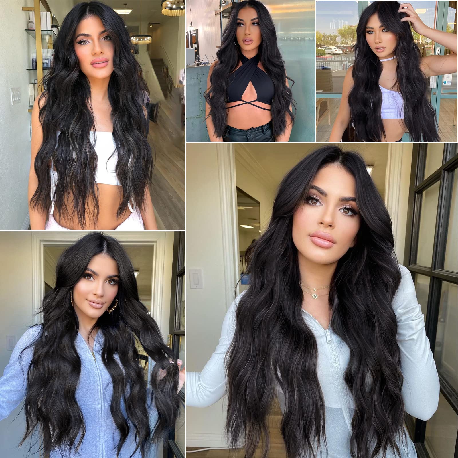 Natural Looking AISI QUEENS Long Black Wigs for Women - Middle Part Curly Wavy Synthetic Heat Resistant Hair Replacement Wig | Perfect for Daily Wear, Parties, Cosplay & Special Occasions