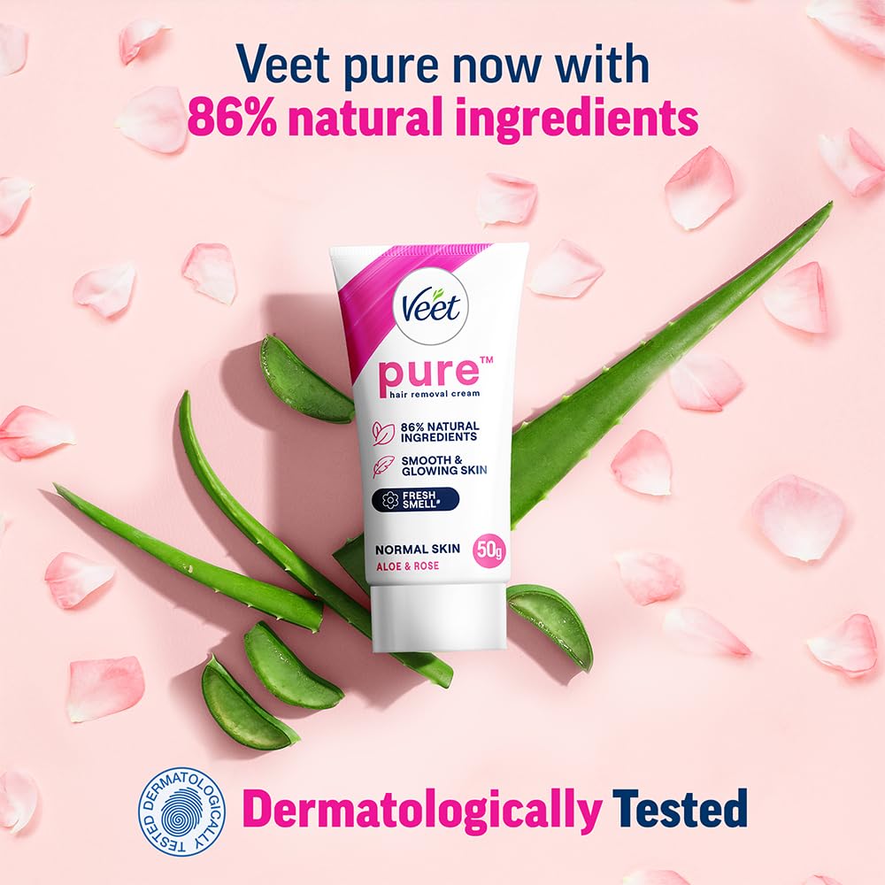 Veet Pure Hair Removal Cream for Women - Gentle Formula for Normal Skin, 50g | Safe for Legs, Underarms, Bikini Line & Arms | At-Home Smooth Skin Solution for Quick Hair Removal