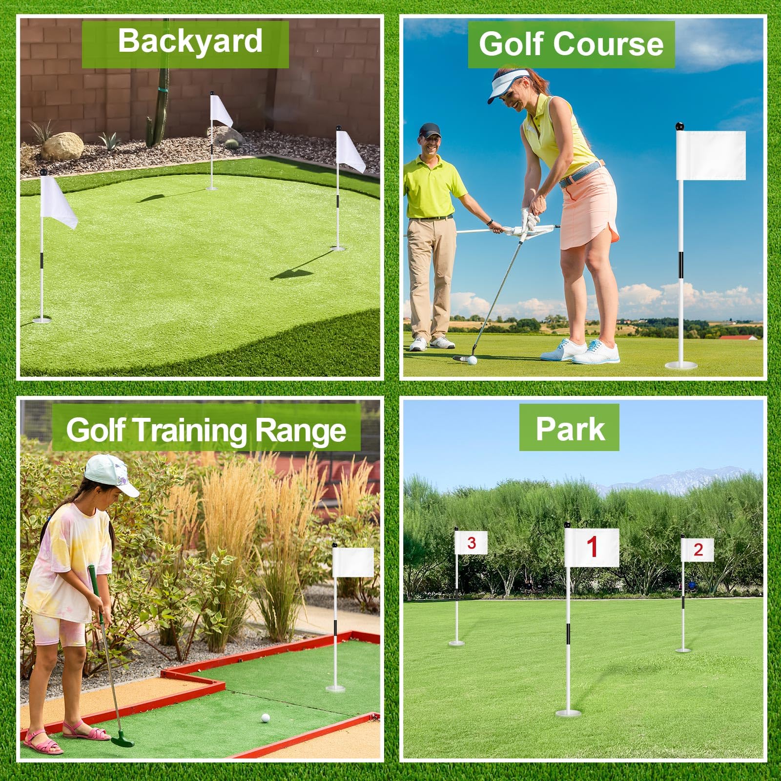 Hungdao 3-Piece Golf Flagstick Set with Nylon Flags & Practice Cups - Portable 2-Section Putting Green Flag Poles for Backyard & Mini Golf Course | Perfect for Home Practice, Outdoor Training & Backyard Games