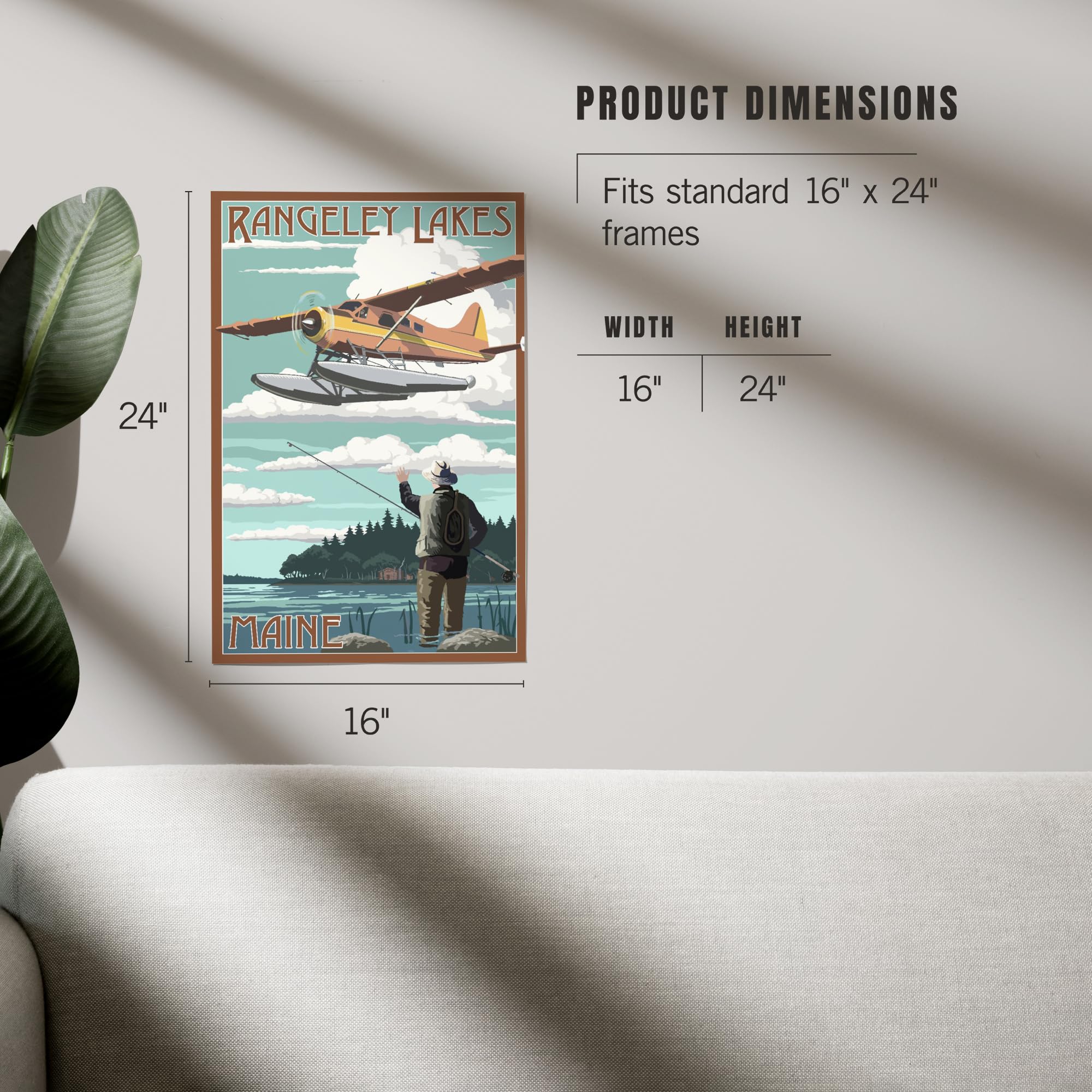 Lantern Press 16x24 Inch Giclee Art Print - Rangeley Lakes Maine Landscape with Float Plane & Fisherman - Wall Decor for Living Room, Office & Cabin