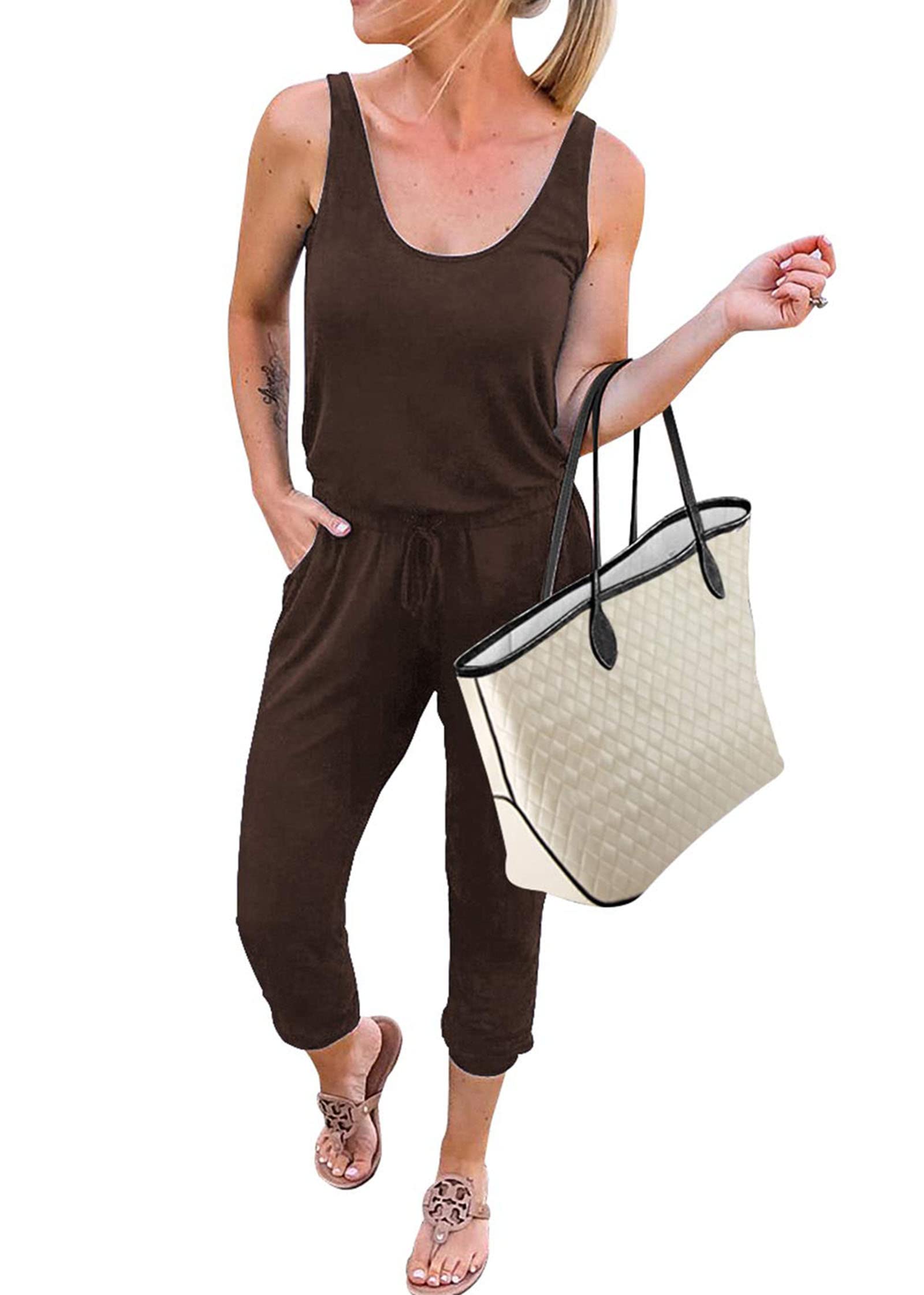KIRUNDO Women's 2025 Summer Sleeveless Jumpsuit - Casual Elastic Waist Romper with Drawstring & Pockets | Perfect for Beach Vacation, Outdoor Activities & Lounge Wear