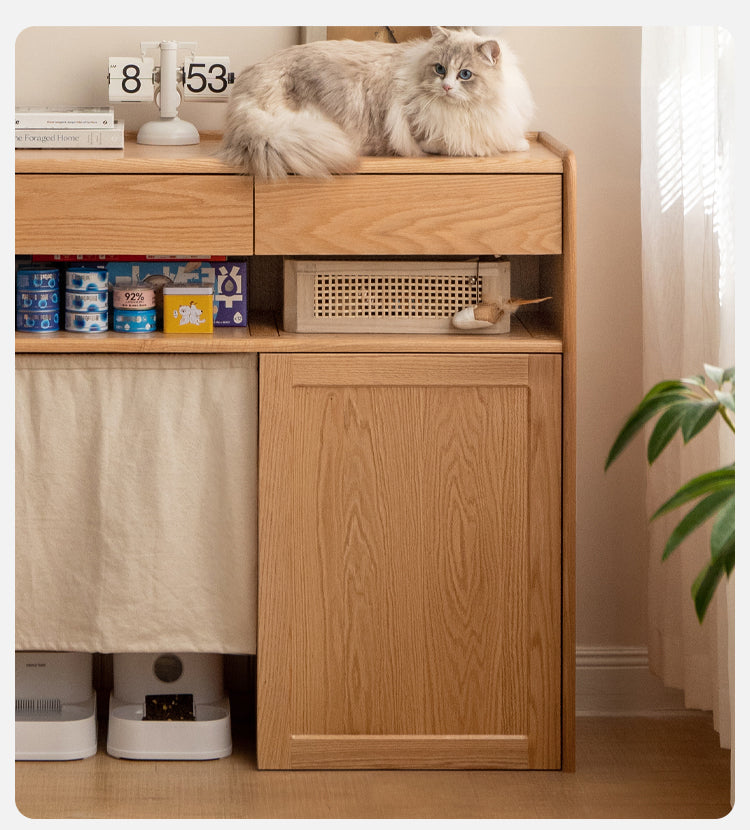 Solid Oak Wood Side Cabinet with Cat Pet Supplies Storage - Perfect for Living Room, Bedroom, or Entryway Organization - Compatible with Robot Vacuum Cleaners