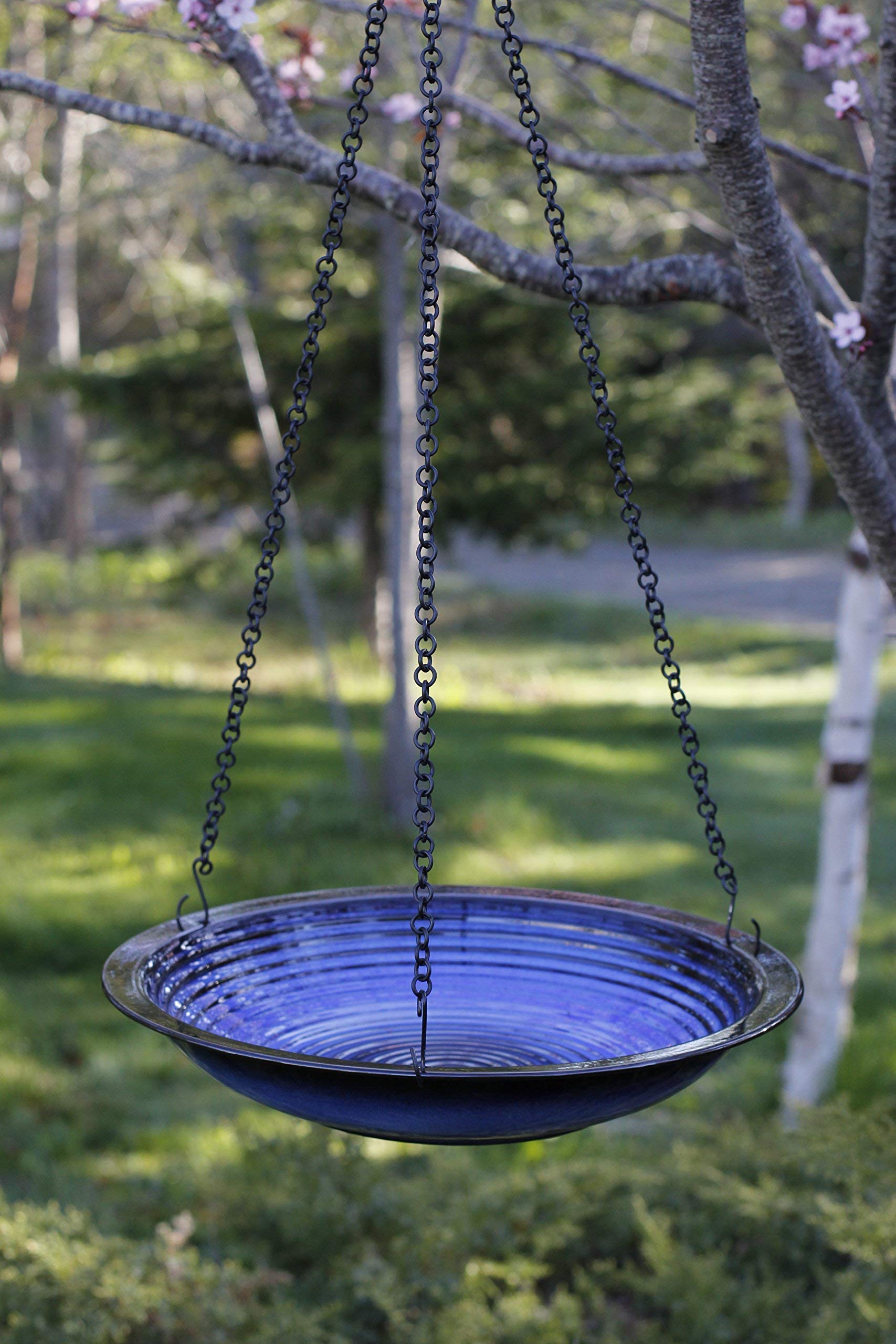 BYER OF MAINE Circles Hanging Bird Bath and Alcyon Pagoda Bird Feeder Set - Cobalt Blue Outdoor Garden Decor for Attracting Wild Birds - Perfect for Backyards, Patios, and Bird Watching Enthusiasts
