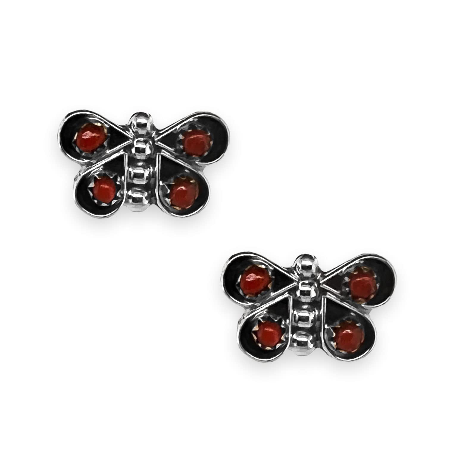 Authentic Coral Butterfly Stud Earrings - 925 Sterling Silver Handmade Jewelry | Native American Artisan Crafted in New Mexico USA | Nickel-Free Post Earrings for Women | Perfect for Weddings, Parties & Everyday Wear