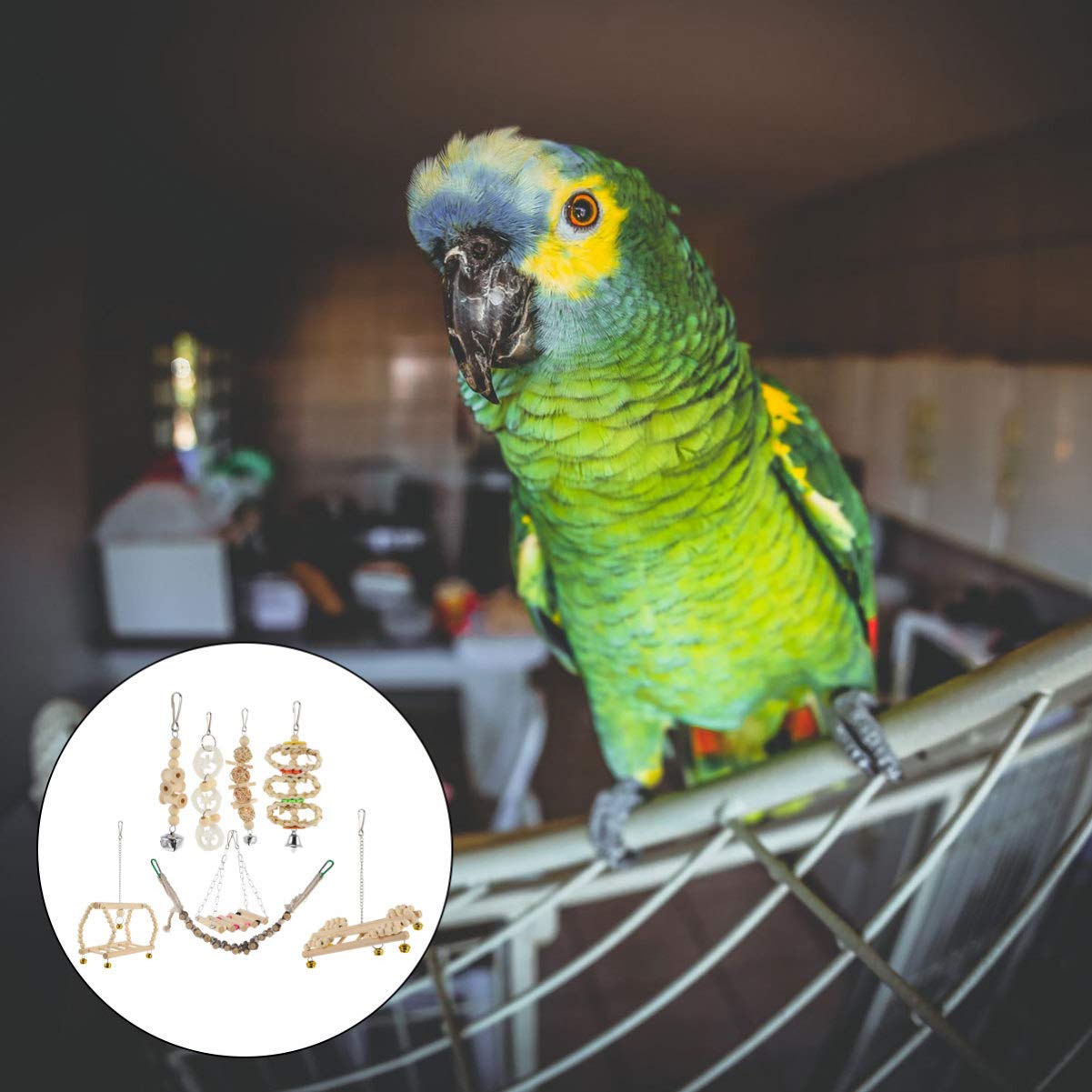 Balacoo 8pcs Wooden Bird Toy Set - Hanging Swing, Chewing Toys & Play Stand for Parrots | Durable Parrot Bite Toys & Perch Rod for Cage Enrichment | Perfect for Small & Medium Birds Like Cockatiels, Lovebirds & Conures