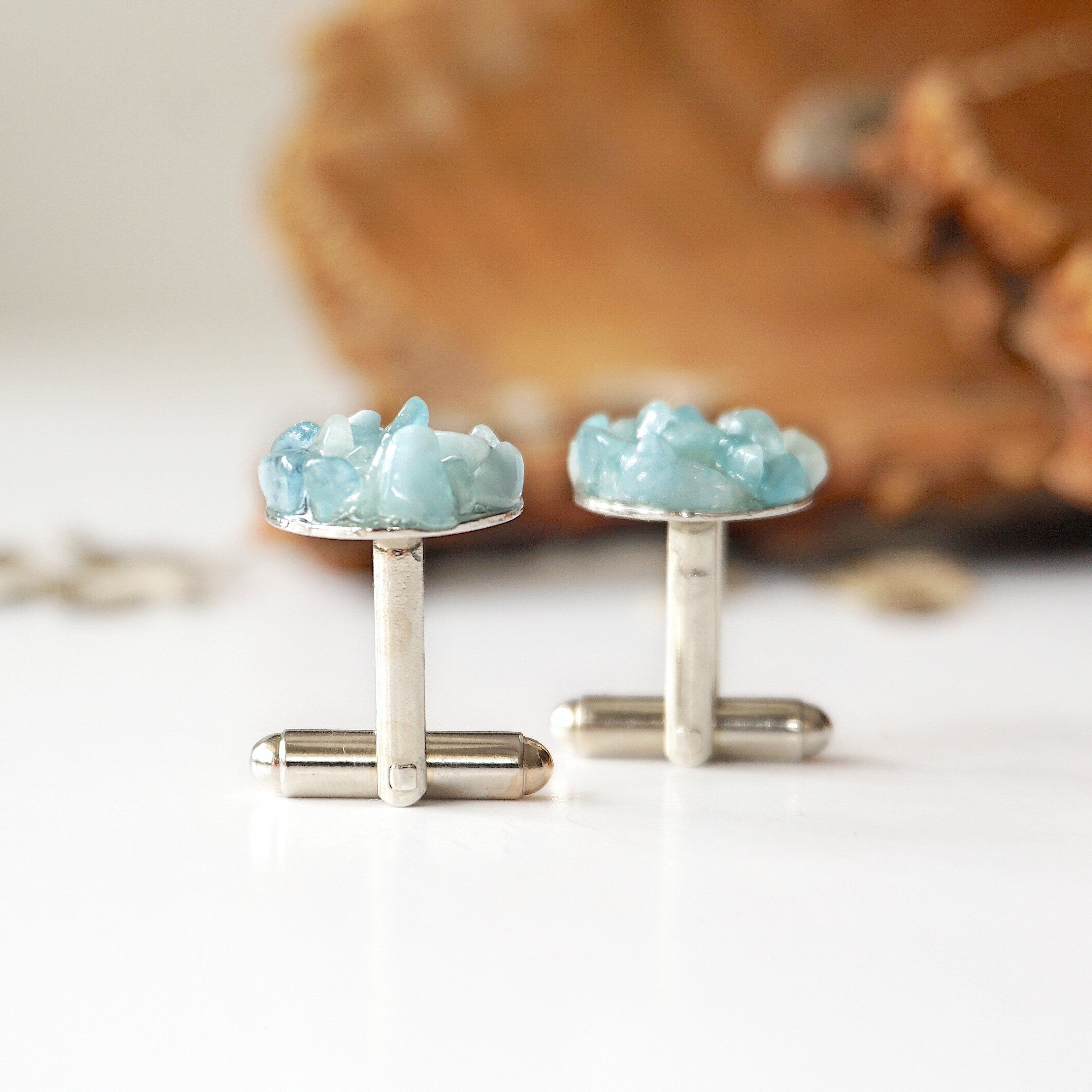 Elegant Aquamarine Cufflinks - White Gold Plated Brass for Men | Perfect for Weddings, Business & Formal Occasions
