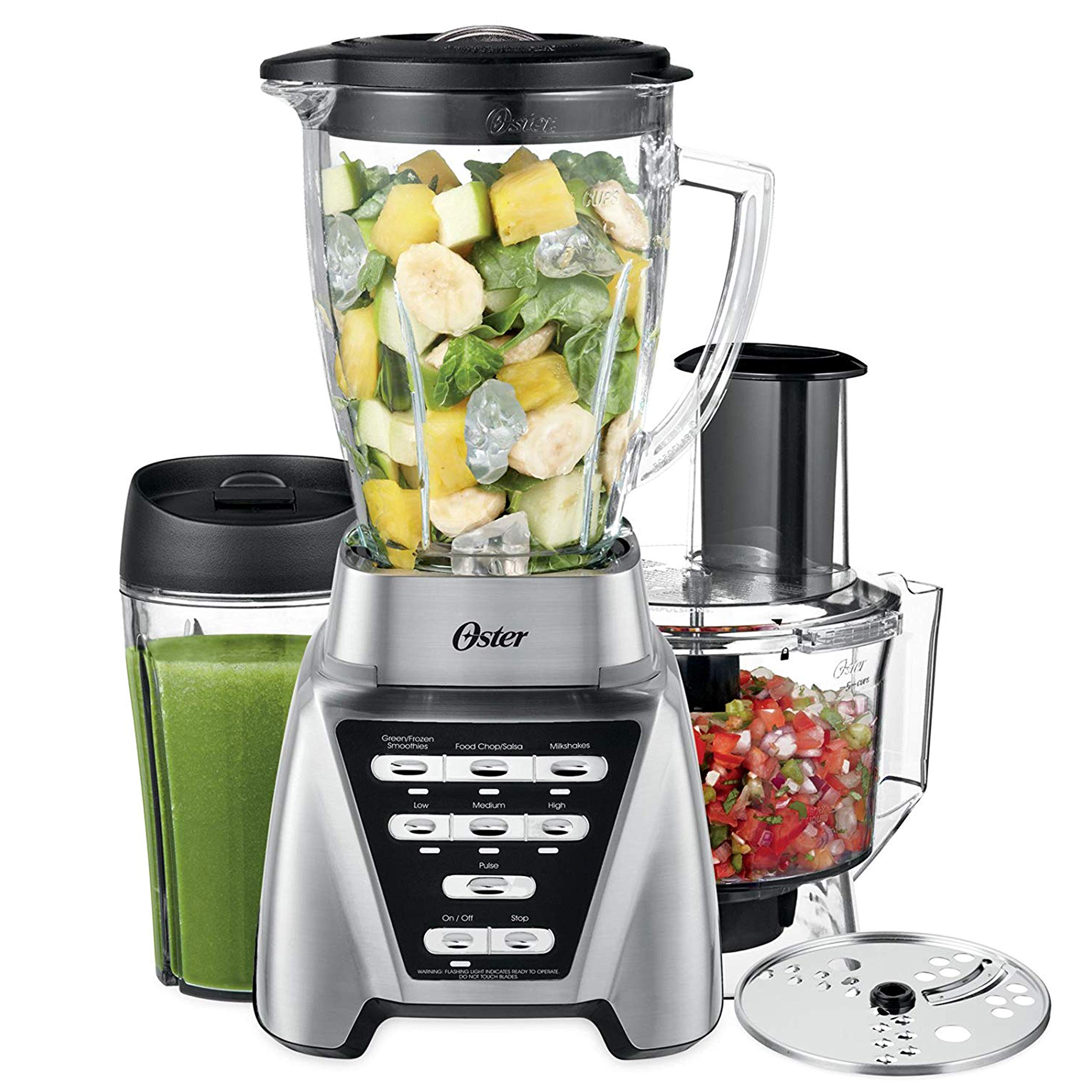 Oster Pro 1200 Blender with Glass Jar, 24oz Smoothie Cup & Food Processor Attachment - Brushed Nickel (BLSTMB-CBF-000) | Perfect for Smoothies, Soups, Nut Butters & Meal Prep