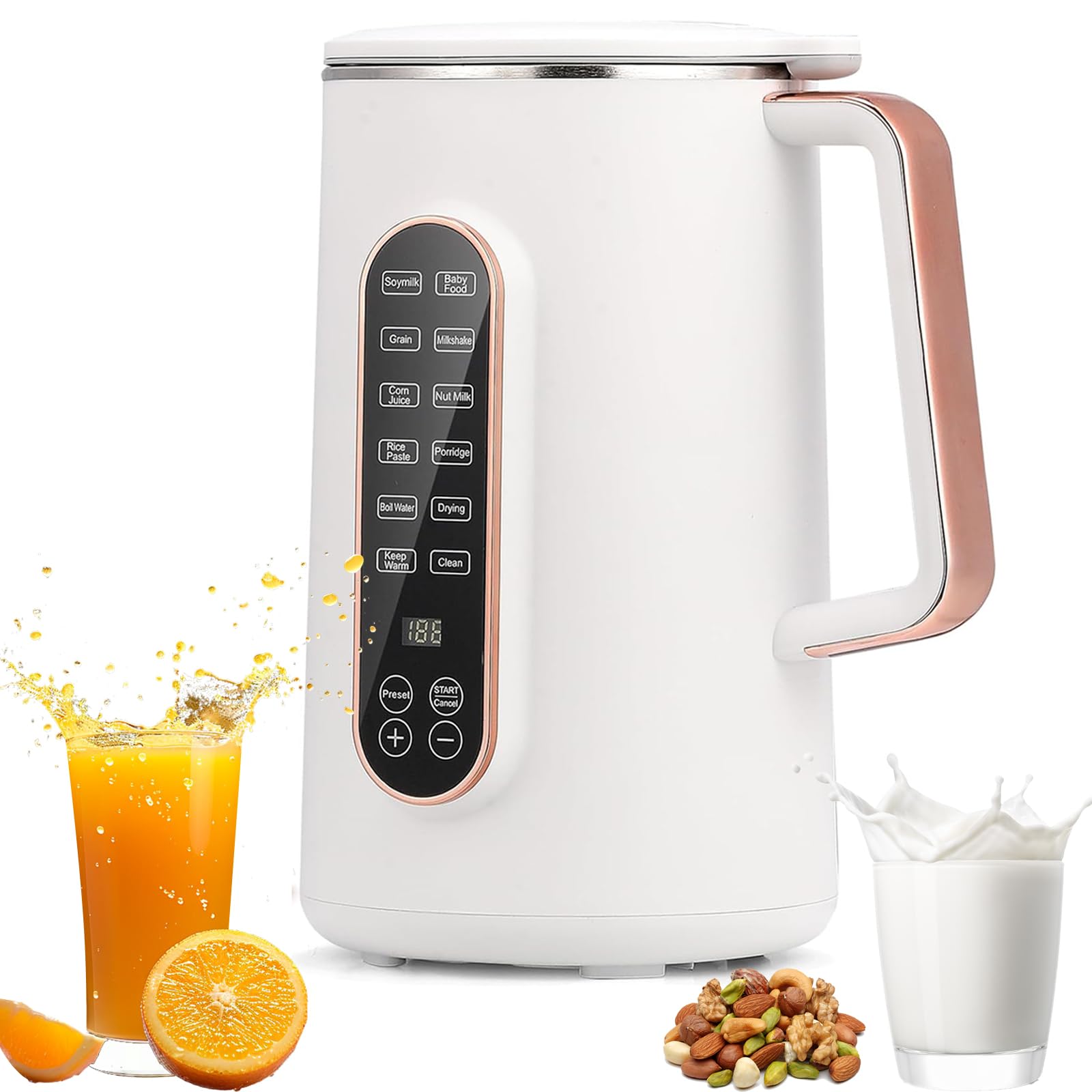 8-in-1 Automatic Nut Milk Maker Machine - Almond, Soybean, Cashew Milk Maker with 12h Delay Timer | Perfect for Vegan, Keto & Healthy Lifestyles | Kitchen Appliance for Homemade Plant-Based Milk (White)