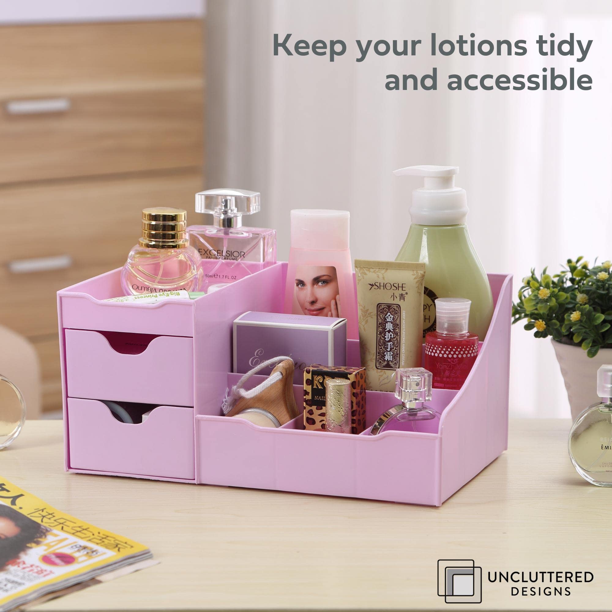 Modern Makeup Organizer with Drawers - Countertop Cosmetic Storage for Brushes, Lipstick, Nail Polish & Skincare - Vanity Display Organizer for Perfume & Beauty Products (Purple) - Perfect for Bedroom, Bathroom & Dressing Table Organization