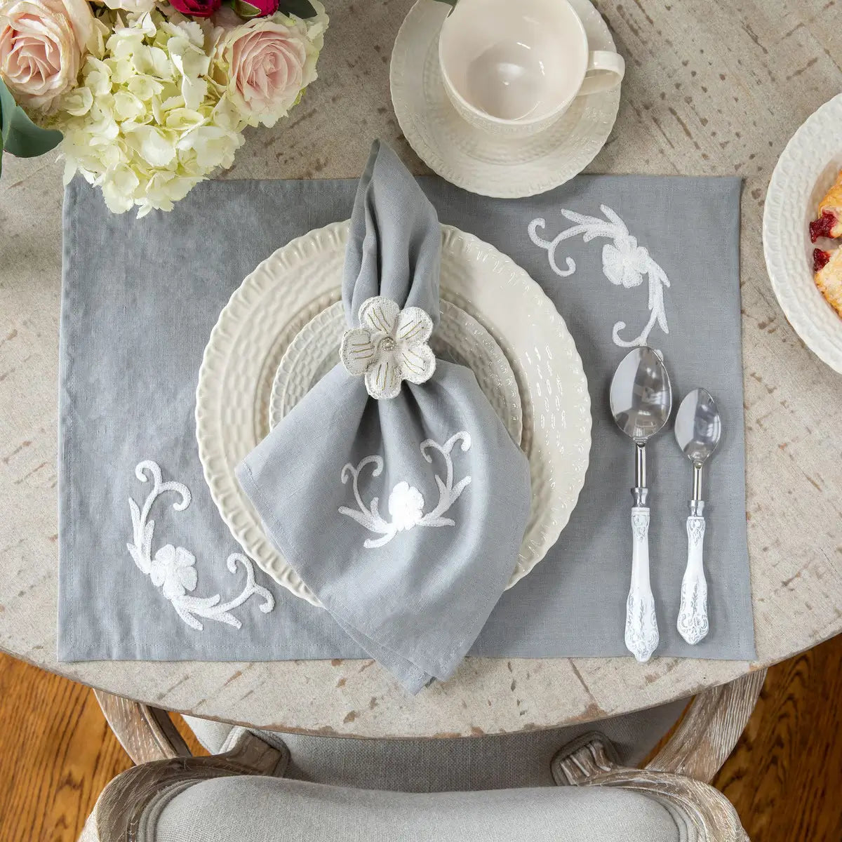 Cosette Embroidered Linen Place Mats Set of 4 - Elegant Table Runner for Dining Room Decor, Wedding & Party Table Setting - Premium Natural Linen Fabric with Exquisite Embroidery
