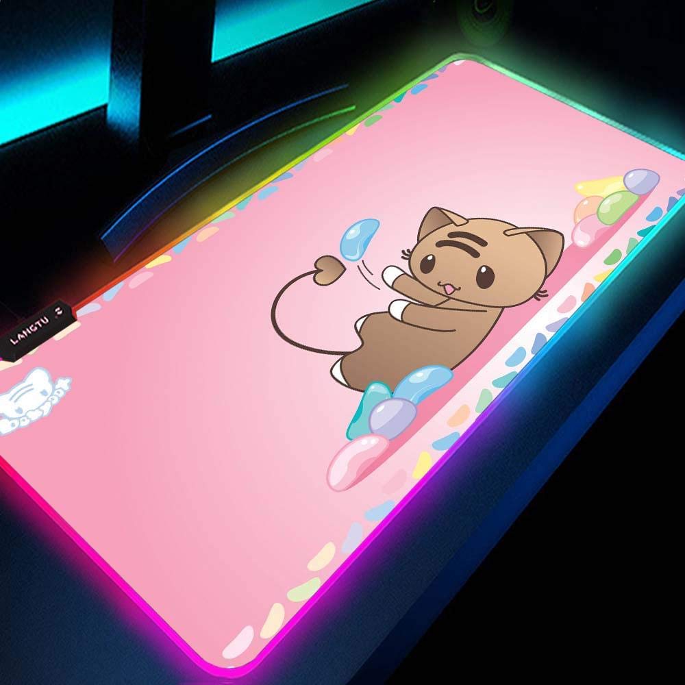 RGB Gaming Mouse Pad with Non-Slip Rubber Base - XXL 700x300mm Pink LED Mouse Mat Featuring Cute Strawberry & Bear Design - Perfect for PC Gaming, Office Work & Streaming Setup