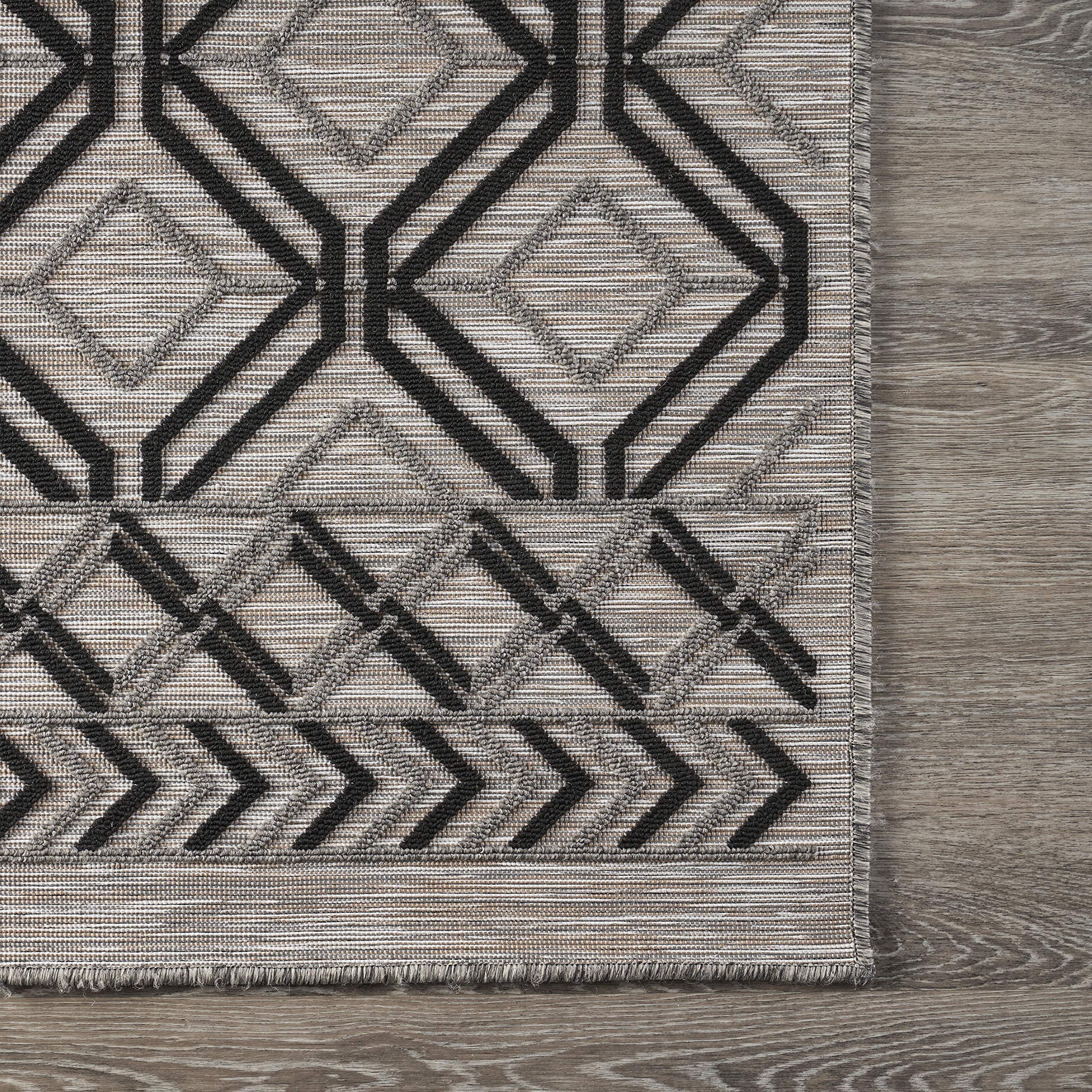 LR Home Geometric Daze Indoor Outdoor Area Rug 5x7 Feet - Modern Black Cream Tan Abstract Pattern - Perfect for Living Room, Bedroom, Patio & Deck Decor