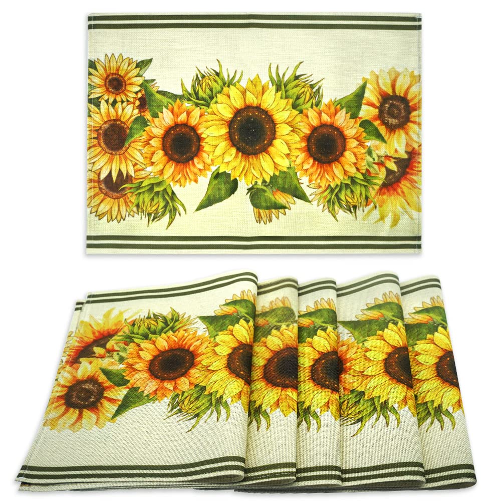 Vintage Sunflower Placemats Set of 6 - Heat Resistant Burlap Floral Table Mats for Kitchen & Dining Room Decor (12x18 Inch) | Perfect for Spring Table Settings, Farmhouse Decor & Holiday Gatherings