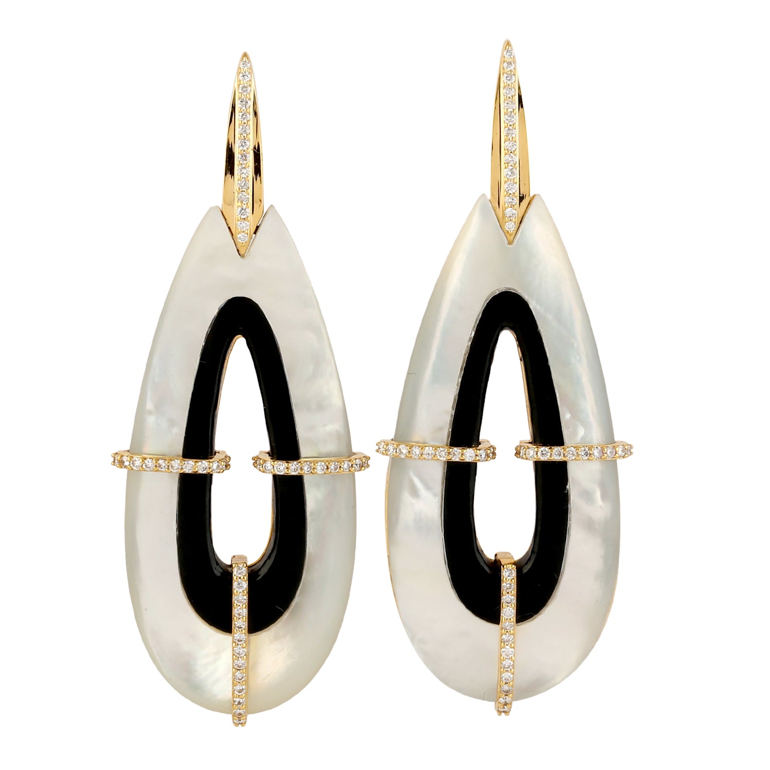 18K Yellow Gold Drop Earrings with Carved MOP, Onyx & Pave Diamonds | Elegant Gemstone Dangle Earrings for Women | Perfect for Weddings, Parties & Special Occasions
