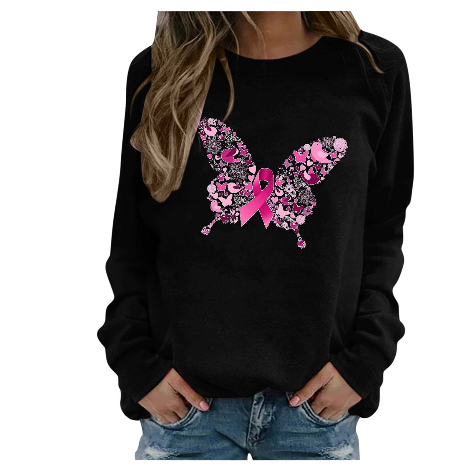 Women's Fall Tops - Breast Cancer Awareness Butterfly Print Long Sleeve Pullover Sweater for Survivors | Comfortable Casual Wear for Autumn, Pink Ribbon Support Apparel