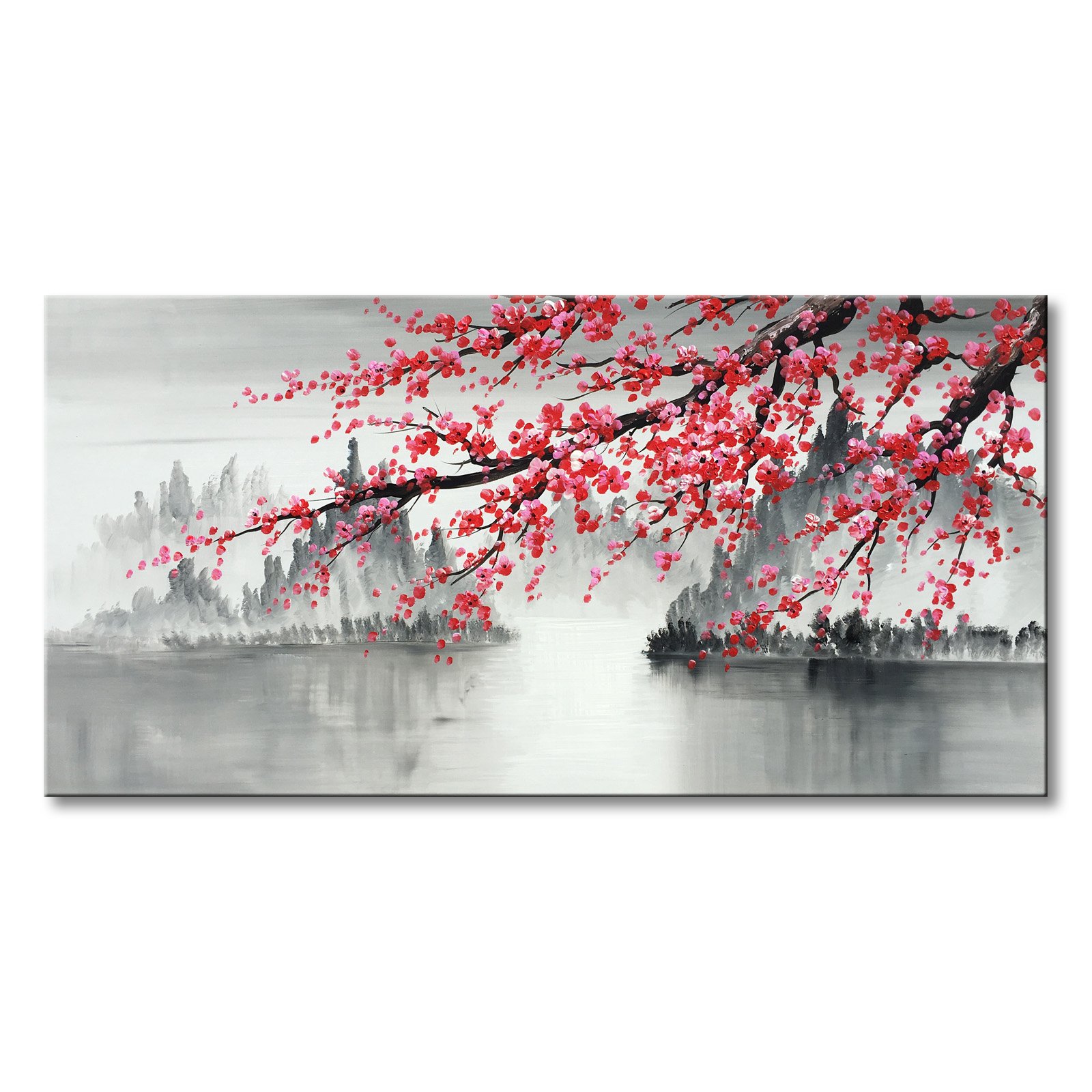Hand-Painted Chinese Plum Blossom Canvas Wall Art - 60x30 Inch Black & White Landscape Oil Painting - Modern Asian Home Decor for Living Room, Bedroom & Office