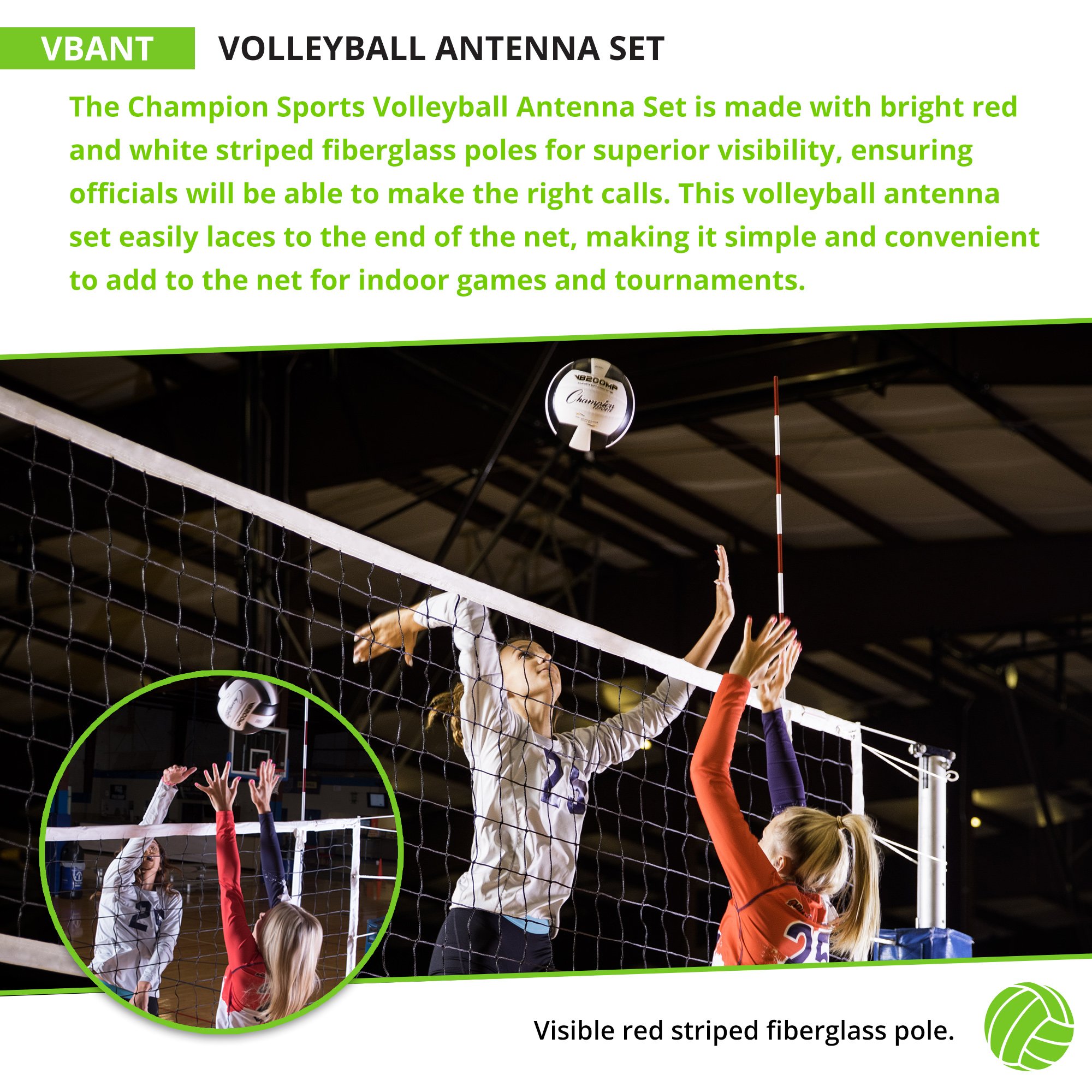 Champion Sports VBANT Volleyball Antenna Set - Red & White Volleyball Boundary Markers for Indoor & Outdoor Court Games, Practice, and Training