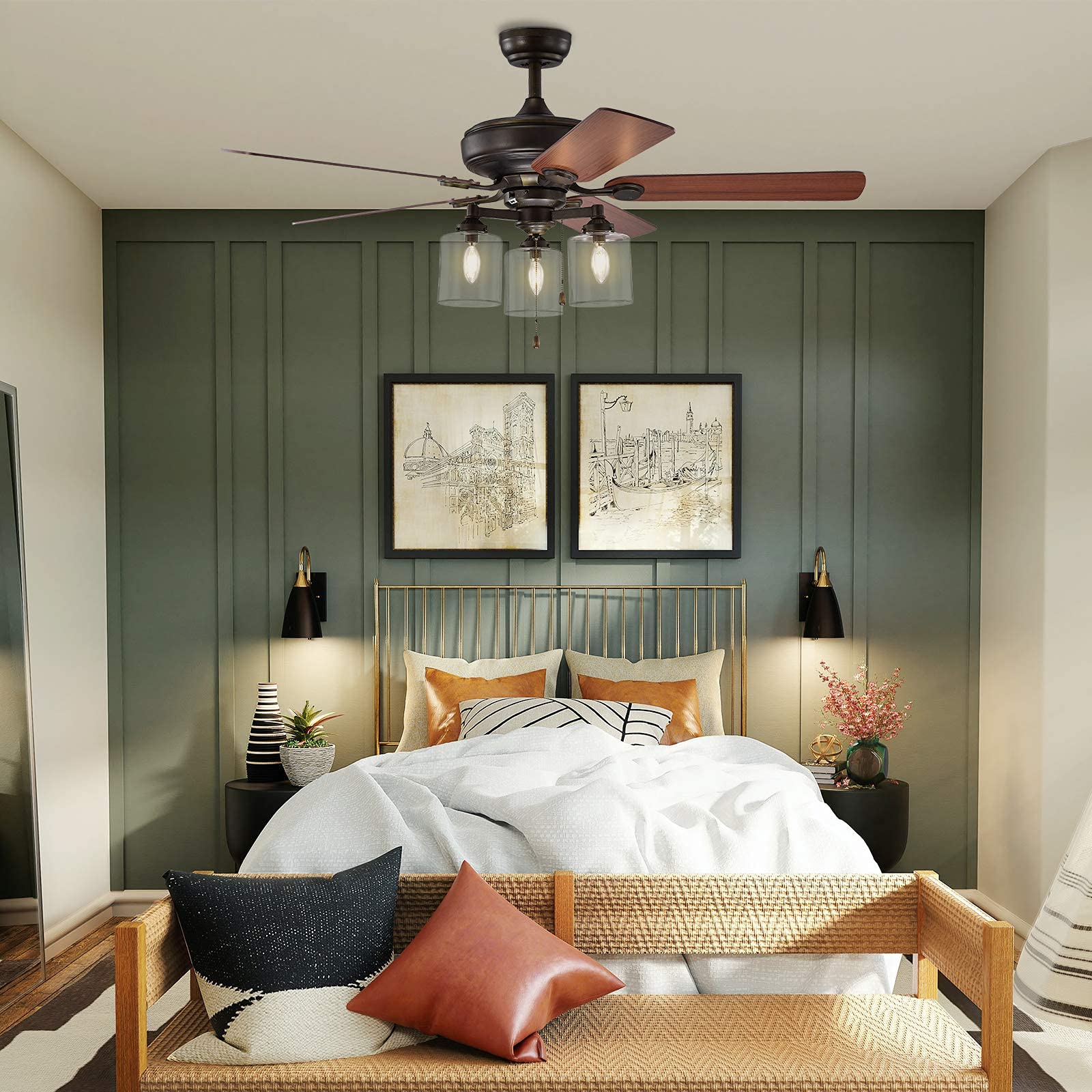 52 Inch Tangkula Industrial Ceiling Fan with Lights - 3-Speed Reversible Motor, 5 Blades & 3 Clear Glass Lights, ETL Certified Bronze Finish - Perfect for Living Room, Bedroom, and Patio Cooling