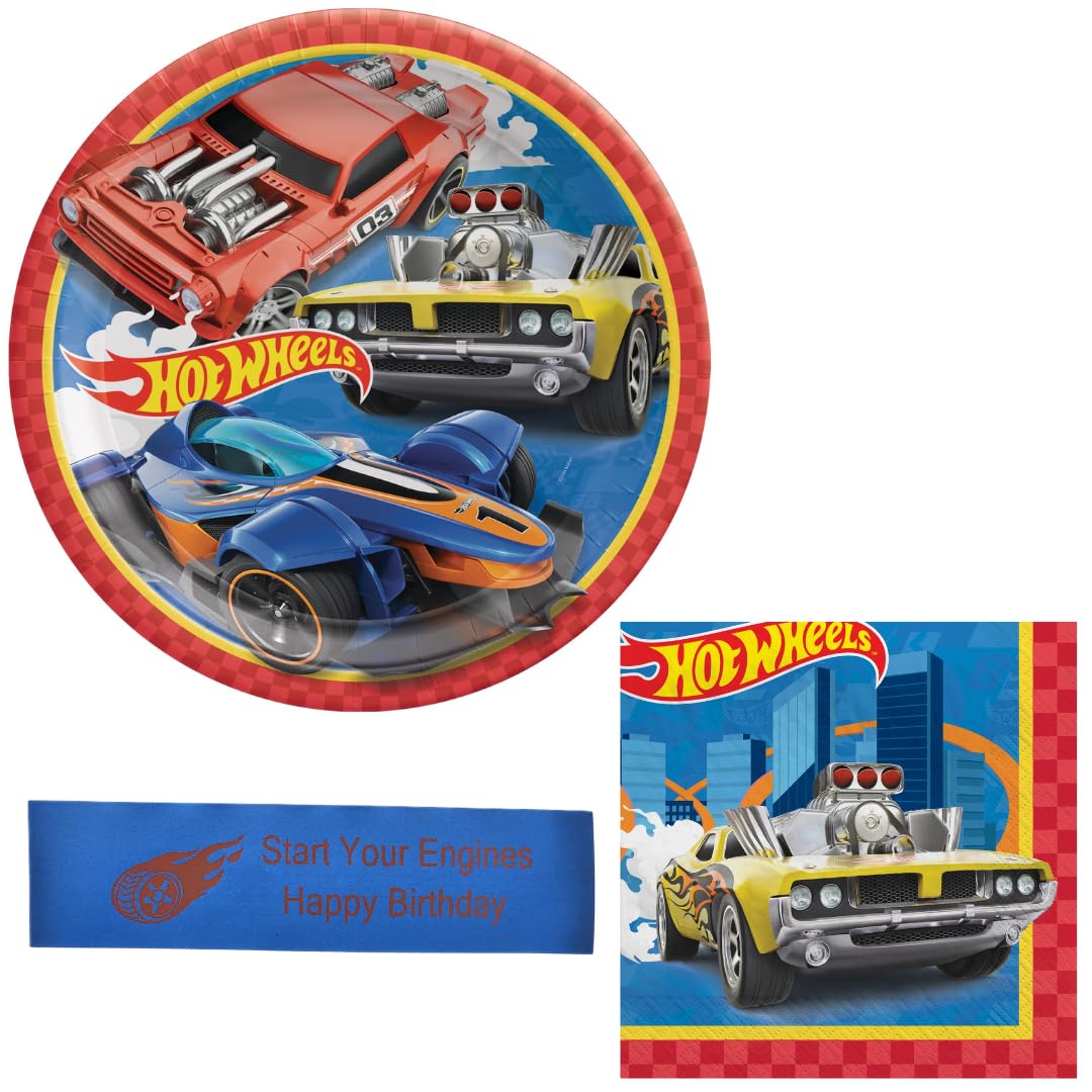 Race Car Birthday Party Supplies Set for 16 Guests - Includes Flaming Wheel Plates, Napkins & Printed Ribbon - Perfect for Kids' Birthday Celebrations, Themed Parties and Race Car Enthusiasts