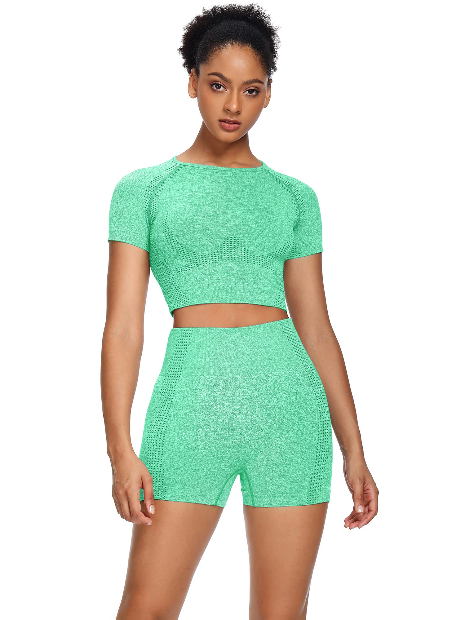 Women's Seamless Yoga Outfits 2-Piece Set - Workout Gym Shorts & Short Sleeve Crop Top | Perfect for Yoga, Pilates, Gym & Lounge Wear