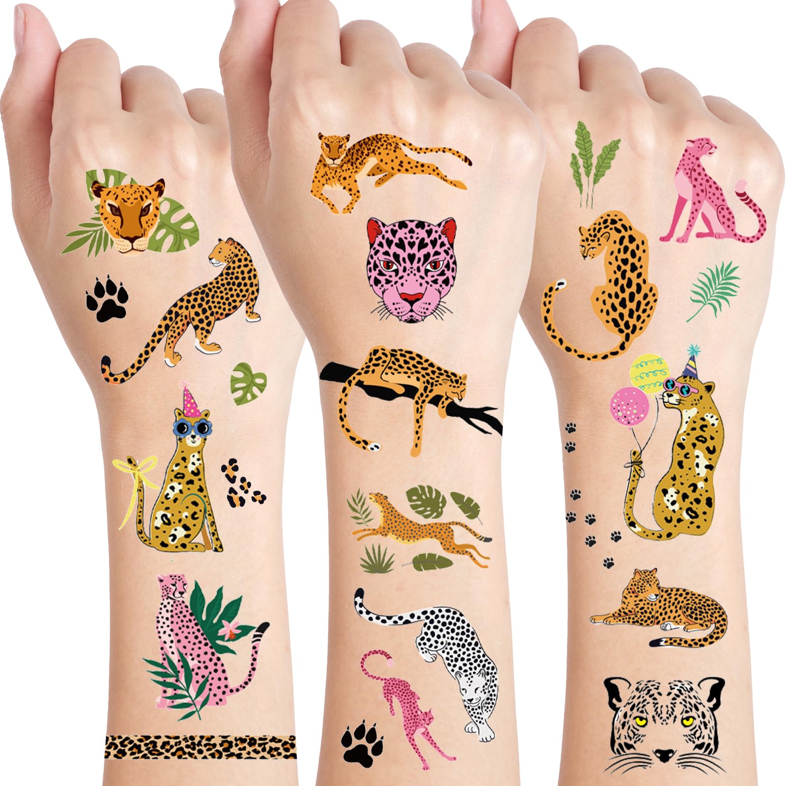 Konsait Cheetah Print Temporary Tattoos - 10 Sheets, Pink & Yellow Animal Print Stickers for Cheetah Birthday Party Decorations, Kids Party Favors, Wild Safari Theme Events & Costume Accessories