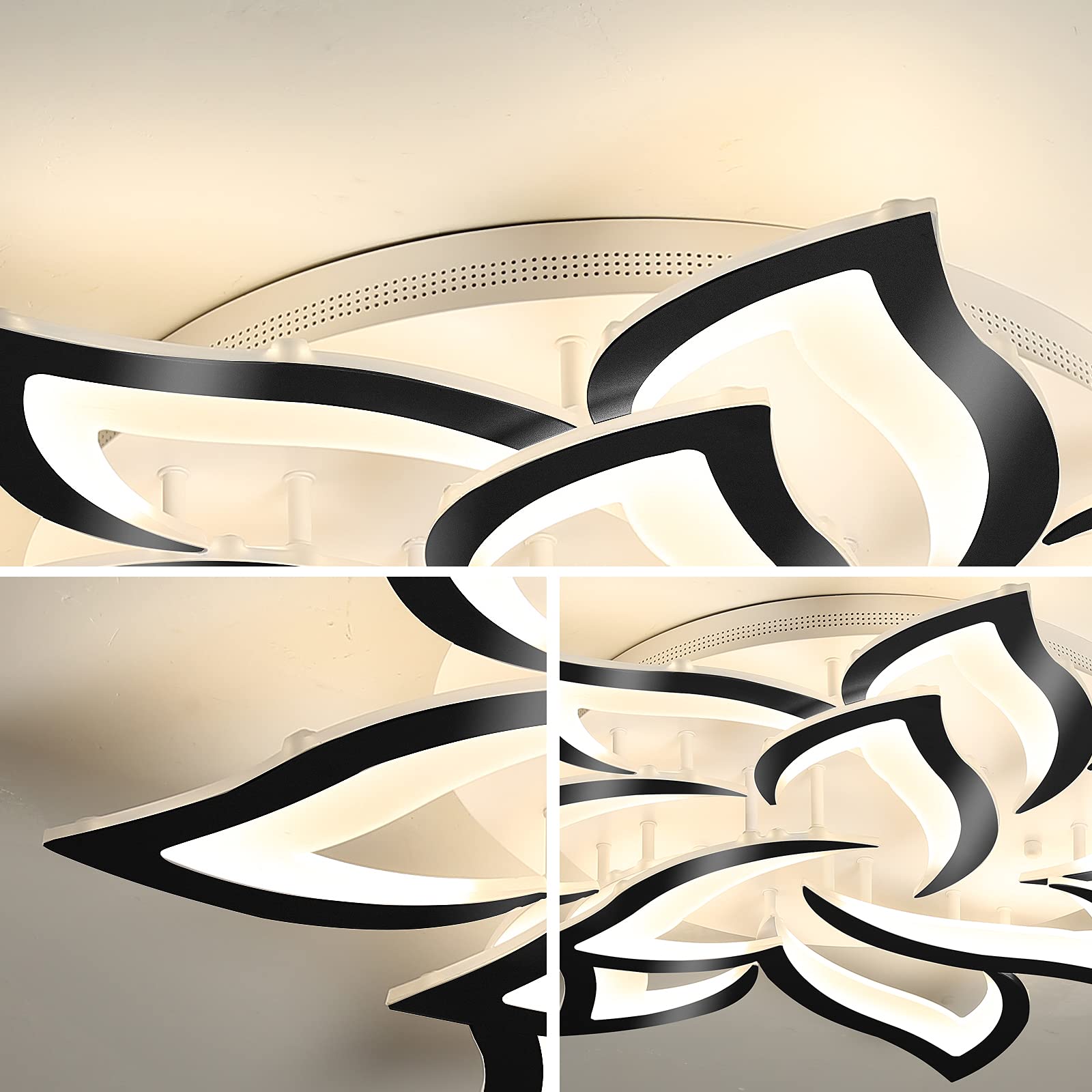 Modern LED Ceiling Light Fixture - Dimmable Flush Mount Flower Chandelier with Black Petals, 72W Energy Saving Lighting for Bedroom, Living Room & Dining Room | Elegant Home Decor & Ambient Lighting Solution