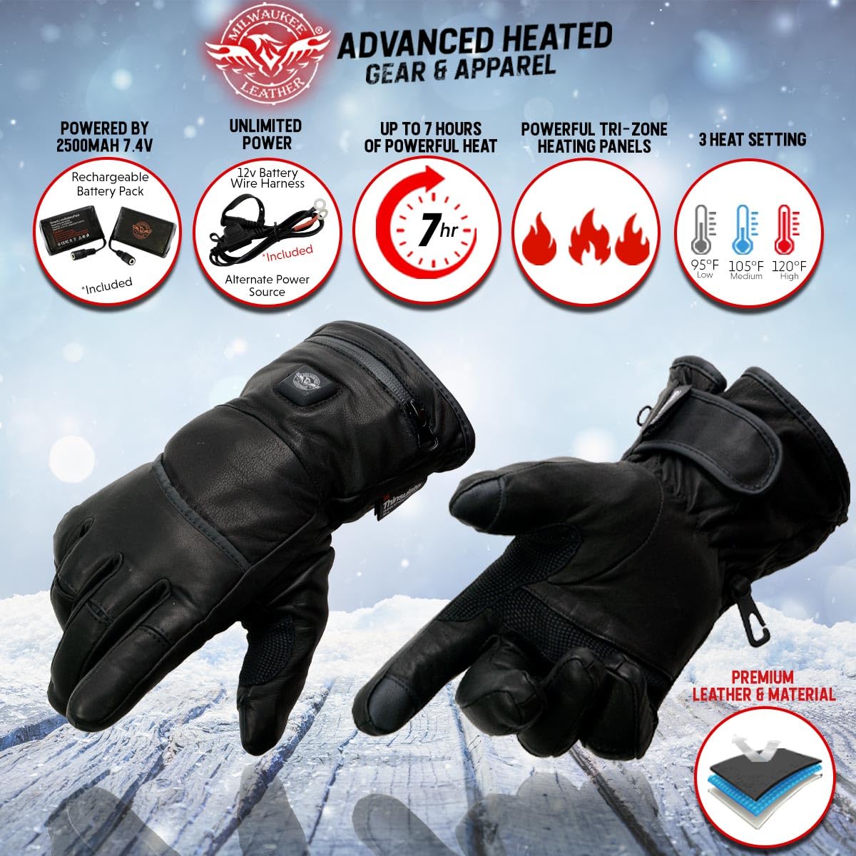 Milwaukee Leather MG7513SET Men’s Heated Winter Gloves for Motorcycle Riding, Skiing & Hunting - Battery Powered with Harness Wire & i-Touch Technology - Keep Hands Warm in Cold Weather
