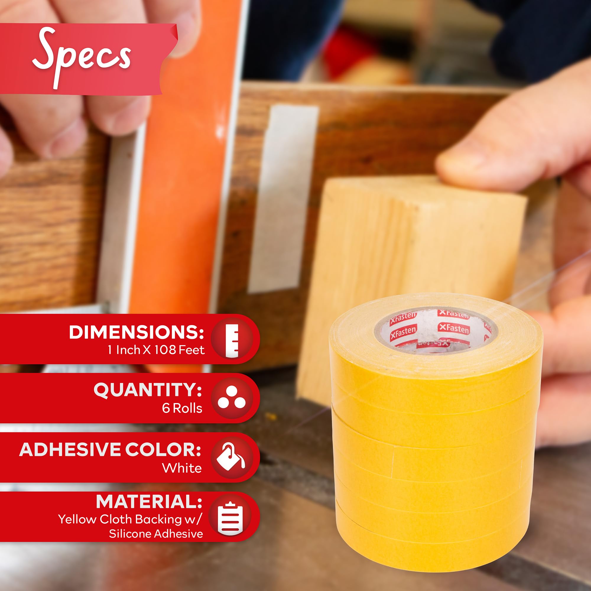 XFasten 1-Inch x 36-Yards Double Sided Woodworking Tape - 6 Pack Strong Adhesive Sticky Tape for Wood, Scroll Saw, Masking & Craft Projects - Perfect for DIY Furniture, Home Decor and Woodworking Projects
