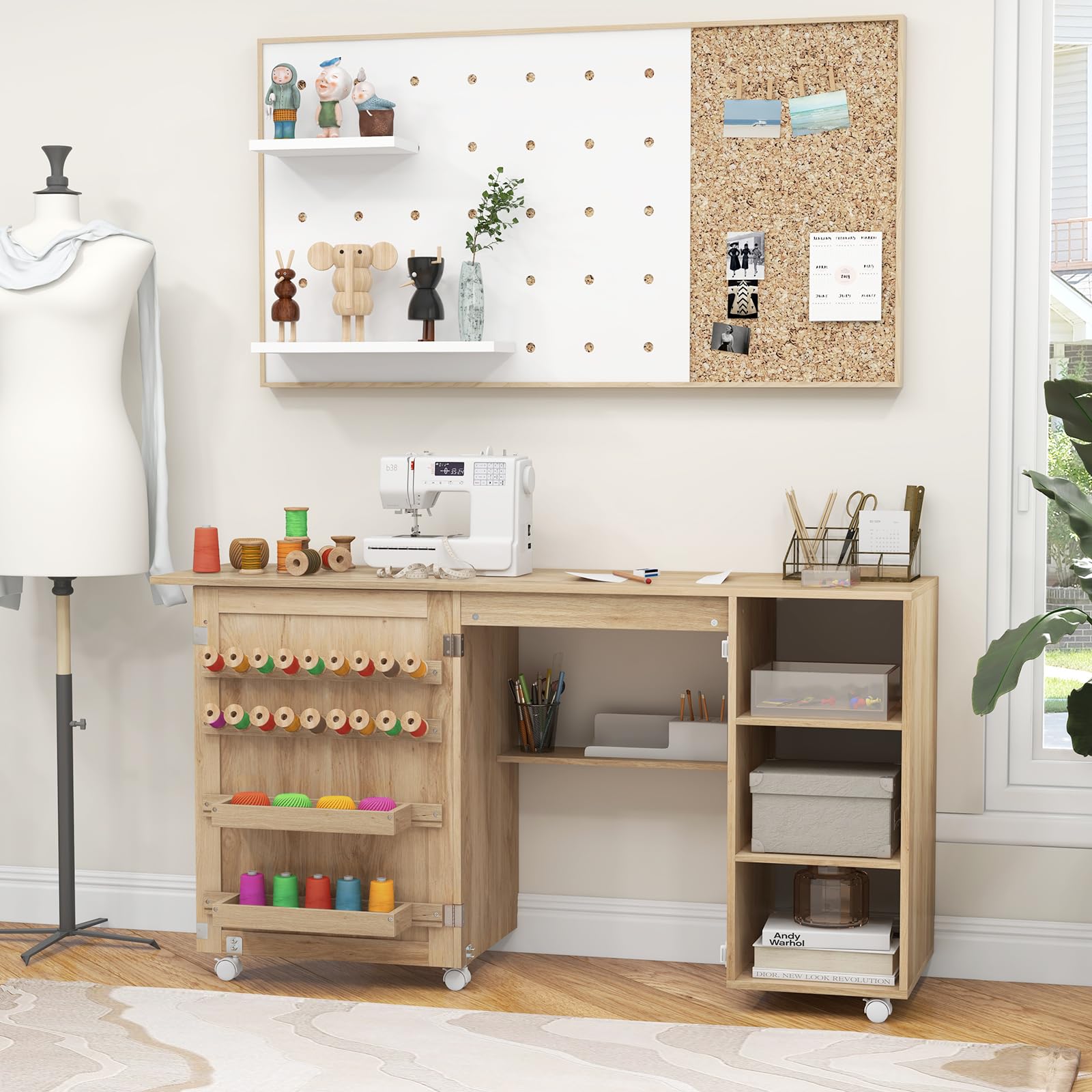 COSTWAY Rattan Sewing Machine Table with Storage - Foldable Craft Desk with Lockable Wheels, 18 Pegs, 2 Bins & Side Cabinet - Perfect for Sewing, Crafting & Home Office in Living Room or Bedroom