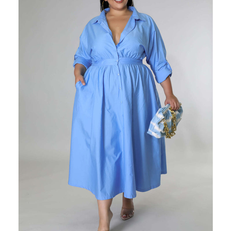 Plus Size Solid Color Long Sleeve Shirt Dress for Women - Casual Office Wear & Everyday Outfit