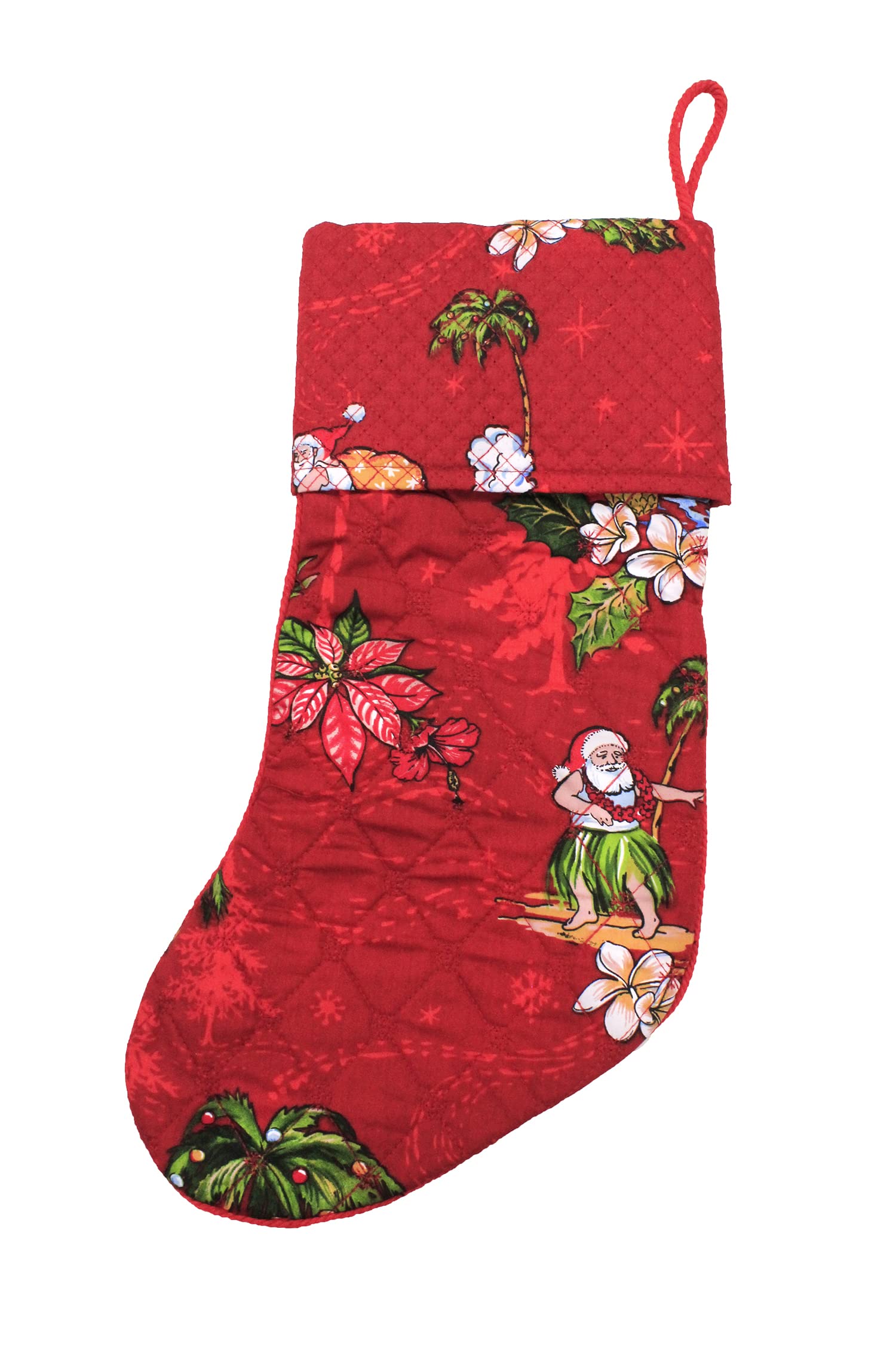 Santa in Hawaii Red Snowflake Quilted Cotton Christmas Stockings - Festive Holiday Decor for Fireplace, Gifts & Home Decor