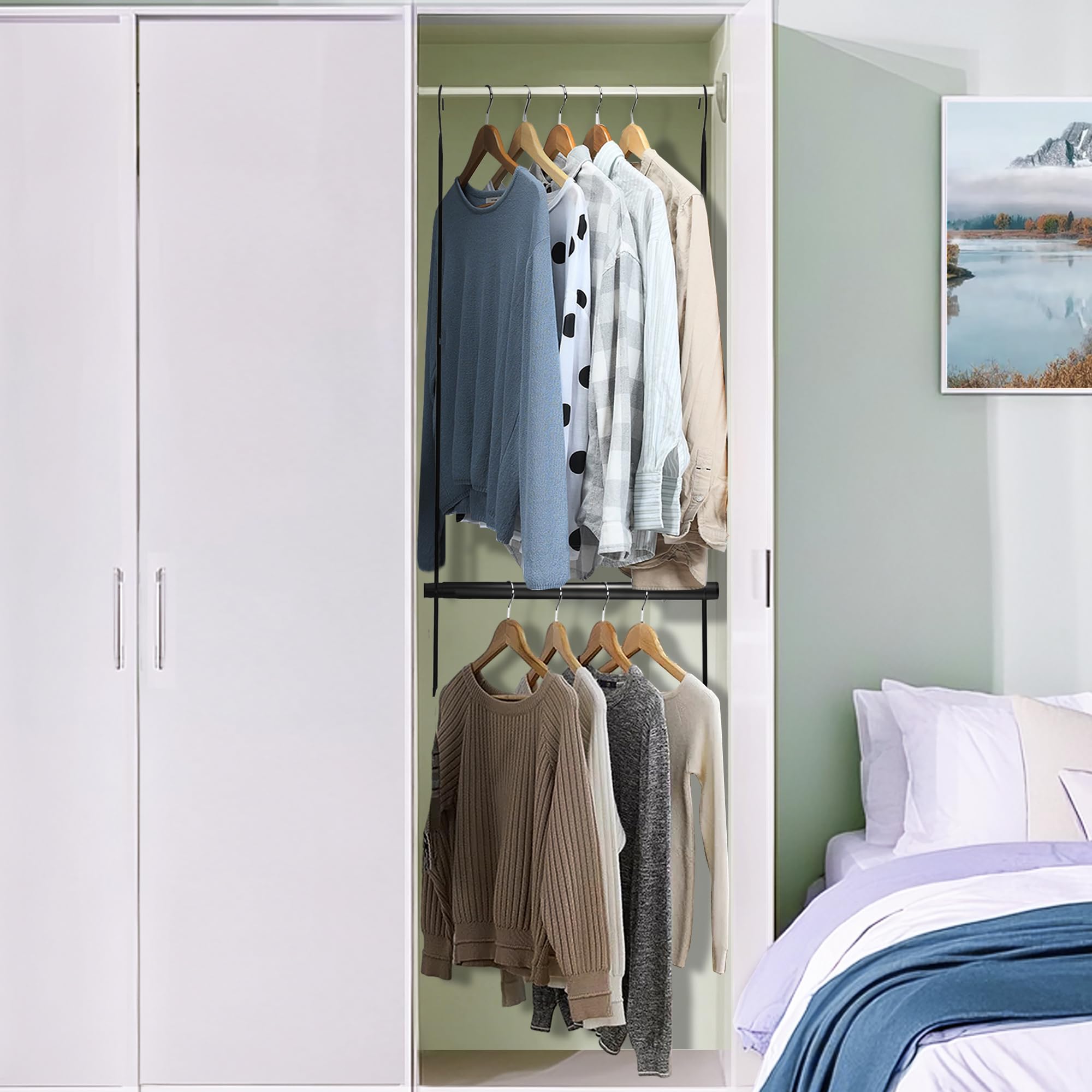 STORAGE MANIAC Adjustable Hanging Closet Rod Organizer - Space Saving Closet Extender with Double Rod, 2 Pack Black - Perfect for Bedroom, Closet & Small Space Organization