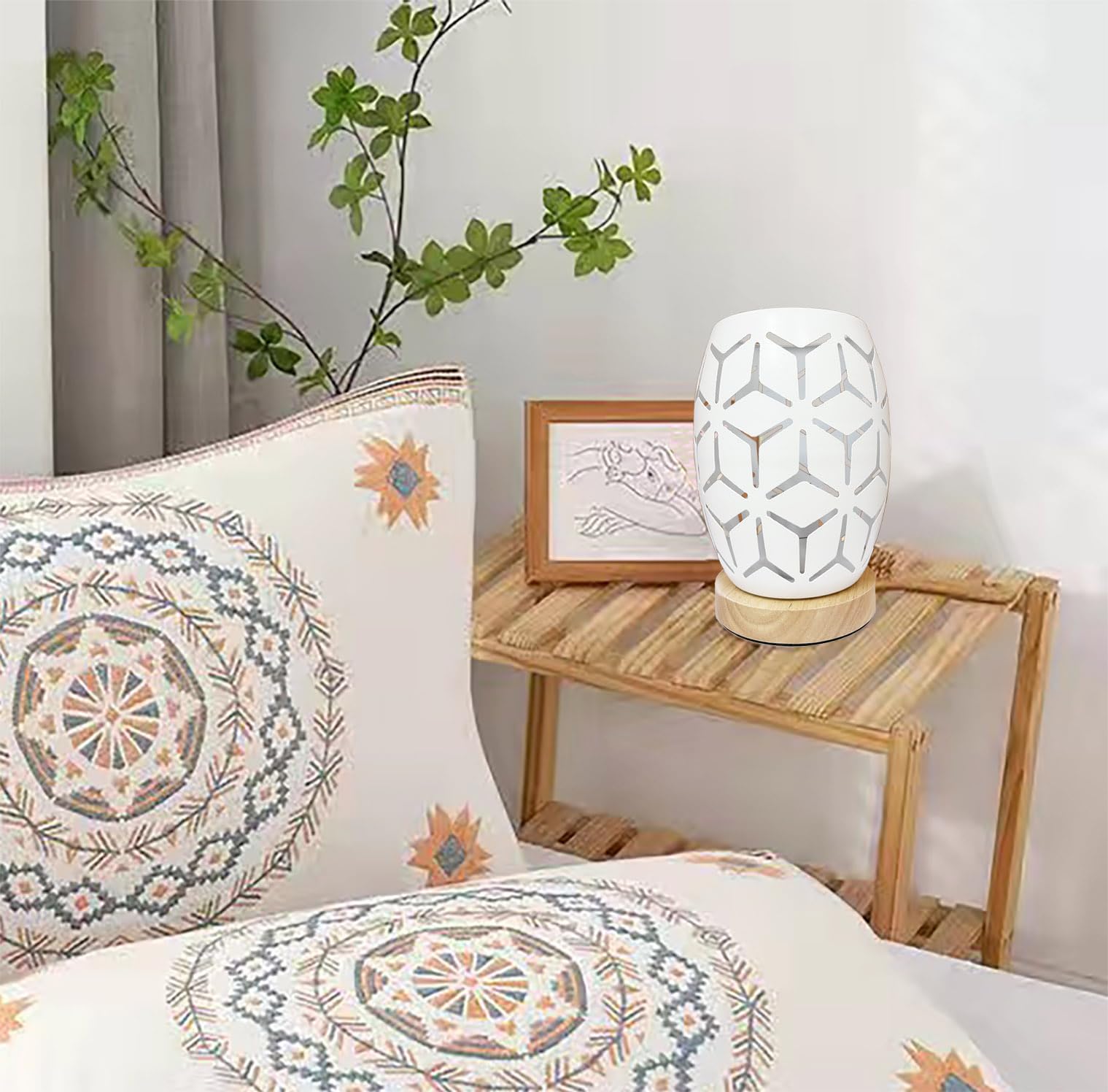 AFORTLO Boho Table Lamp - Small Wood Base with Hollow-Carved Metal Cage, Decorative Night Light for Bedroom, Living Room, Office & Nightstand - Includes Bulb (Rhombus Shape) | Perfect for Reading Nooks, Romantic Ambience & Home Office Lighting