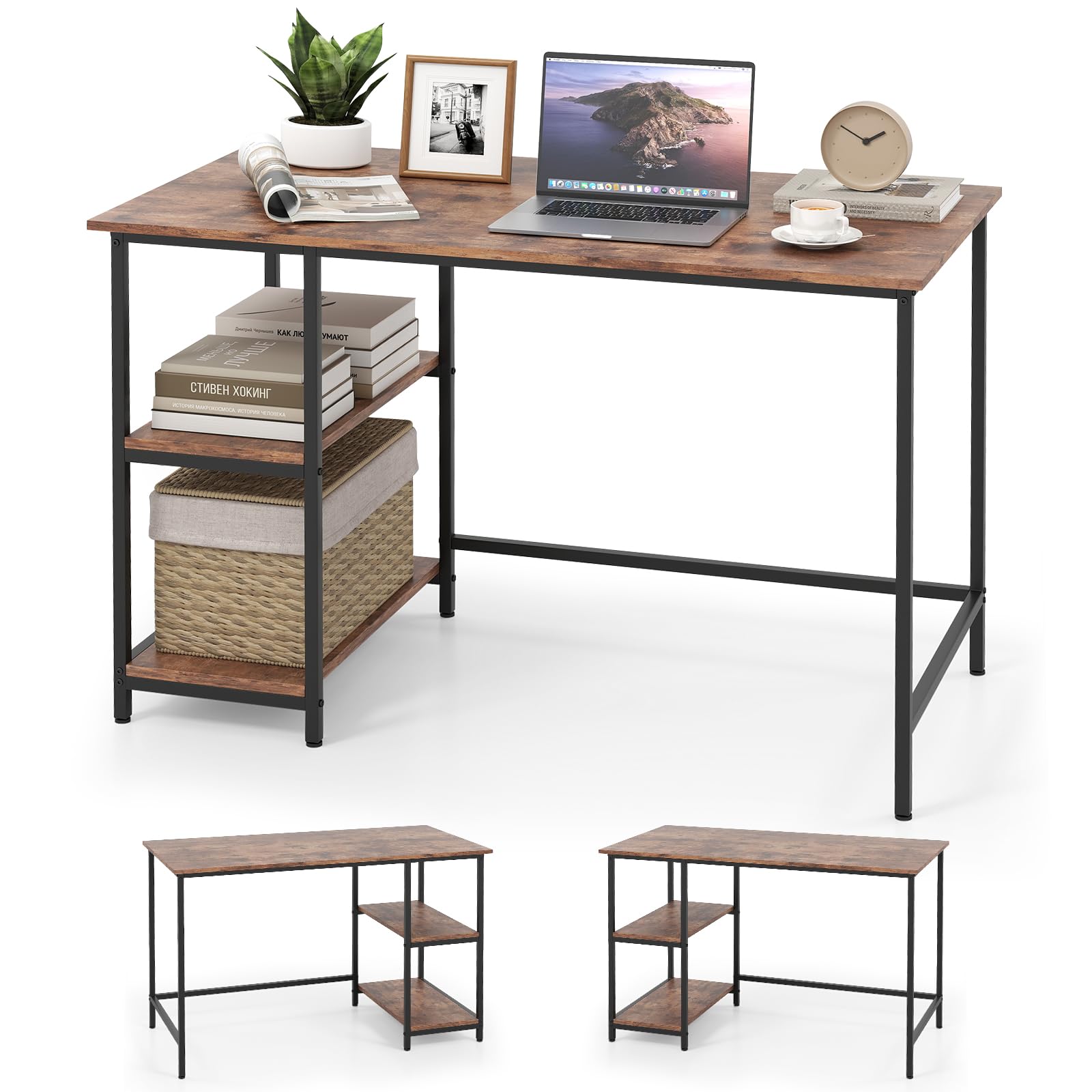 Tangkula Industrial Home Office Computer Desk with 2-Tier Adjustable Shelves, Study Writing Workstation, Sturdy Metal Frame Laptop Table - Rustic Brown for Small Spaces & Modern Workspaces