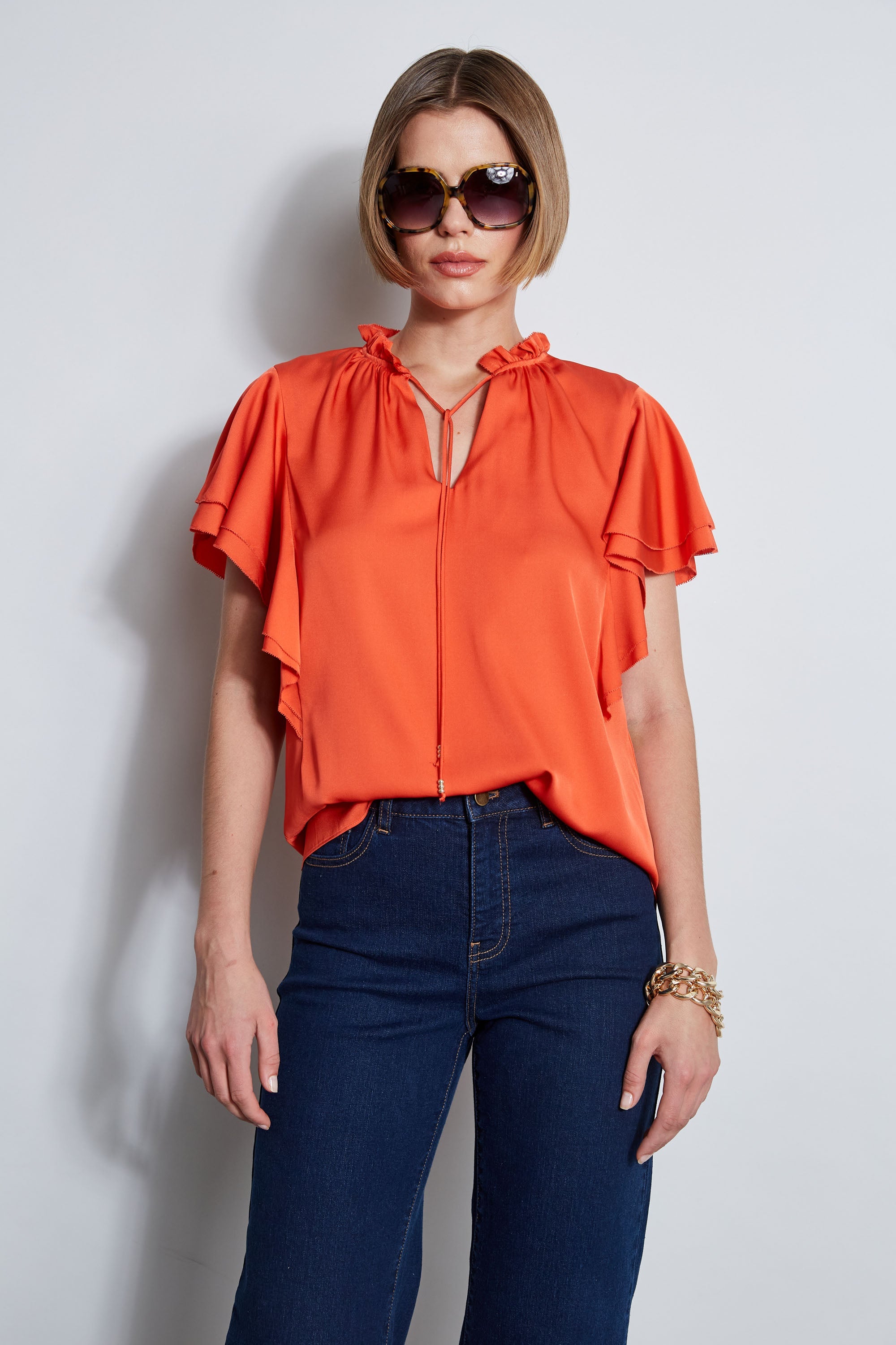 Elegant Silk Flutter Sleeve Tie Front Blouse - Women's Fashion Top for Work, Date Night & Special Occasions