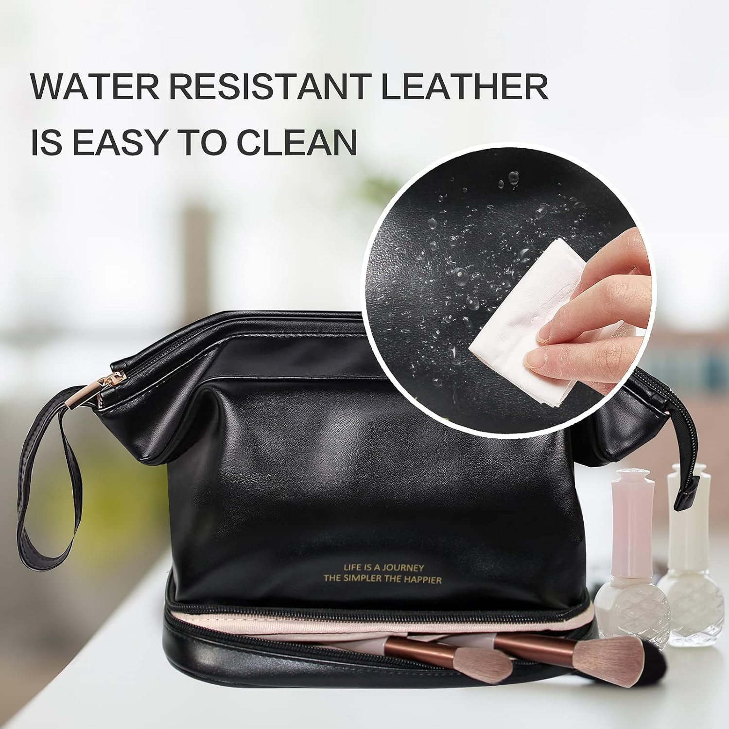 RAJA DHIRAJ Travel Makeup Bag - Double Layer Cosmetic Organizer with Large Zipper Pouch | Waterproof Leather Toiletry Bag for Women & Girls (Black) | Perfect for Travel, Gym & Daily Use