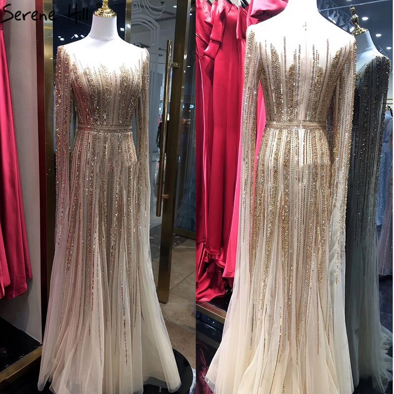 Serene Hill Luxury Gold Beaded A-Line Cape Sleeves Evening Gown for Women - Formal Dress LA70637 | Perfect for Prom, Gala & Wedding Events