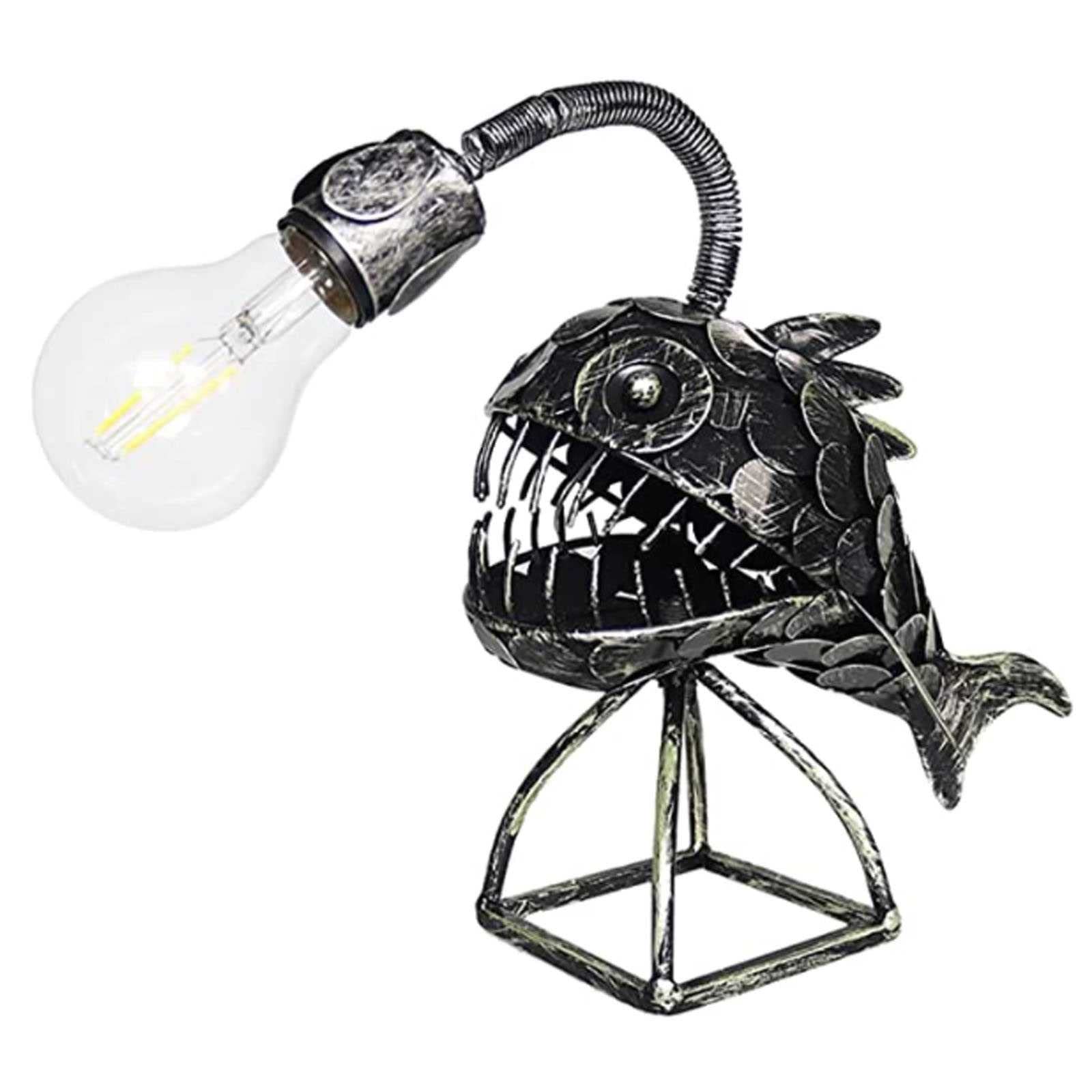 Vintage Steampunk Angler Fish Lamp - USB Powered Rustic Metal Table Light, Handmade Industrial Decor for Nightstand, Bookshelf, or Office | Unique Gift Idea for Home & Cafe Lighting