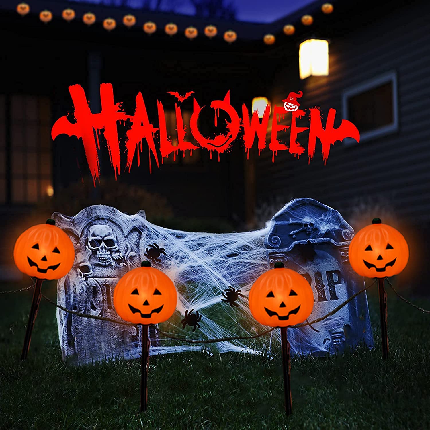 Halloween Pumpkin Pathway Stake Lights - 7 Ft Outdoor String Lights with 4 C7 Bulbs for Driveway, Garden & Walkway Decor | Waterproof Halloween Party Lighting for Yard, Porch & Holiday Decorations